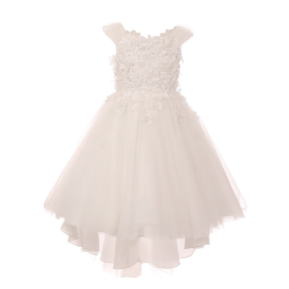 Ivory 3D Flower Tulle Hi-Low Bridesmaid Dress for Juniors - Sizes 8-16 | Perfect for Weddings, Prom, and Formal Events