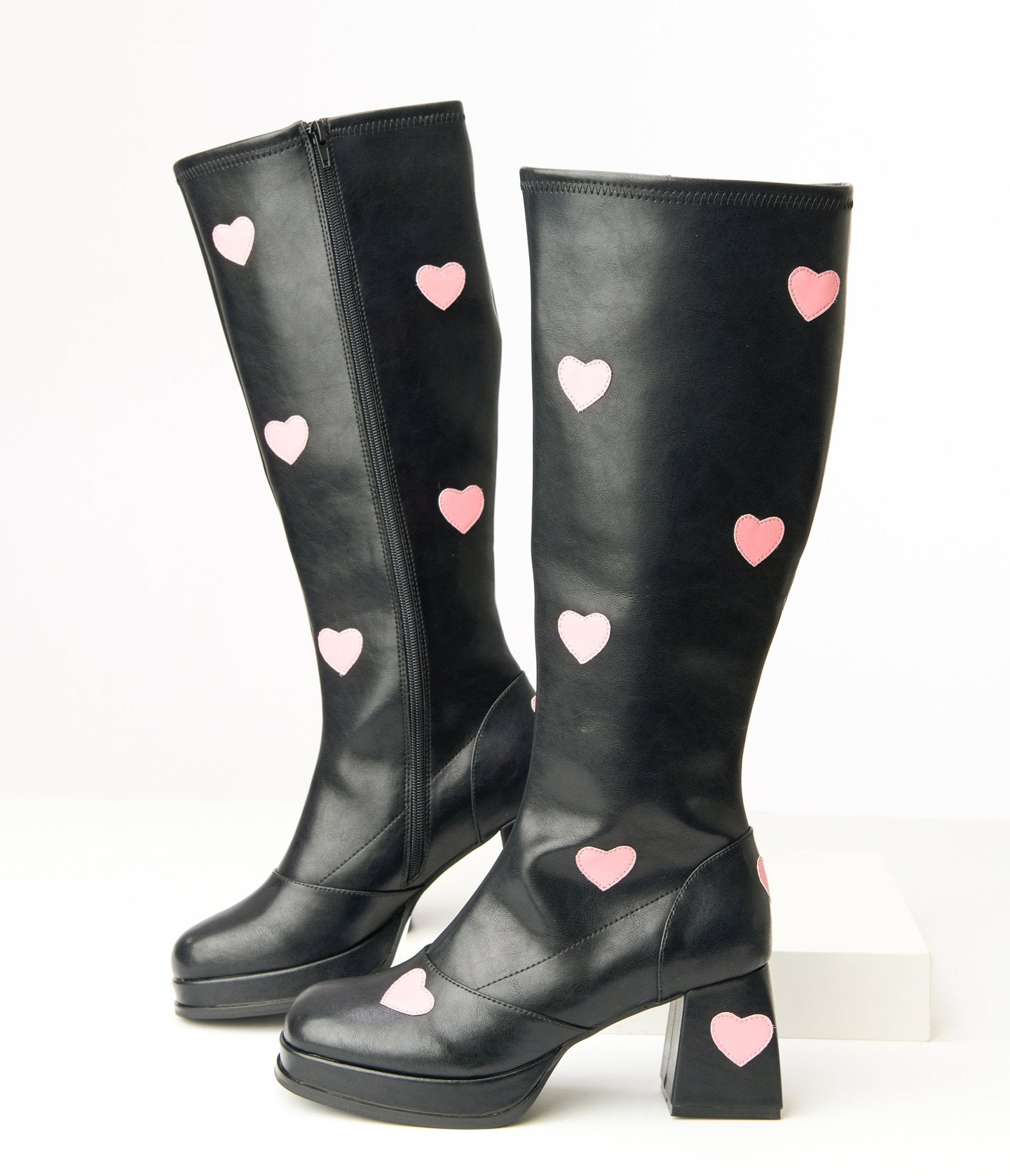 Vintage Black & Pink Heart Knee High Boots for Women - Faux Leather Chunky Heel - Retro Fashion, Valentine's Day Outfits, Cosplay & Party Wear