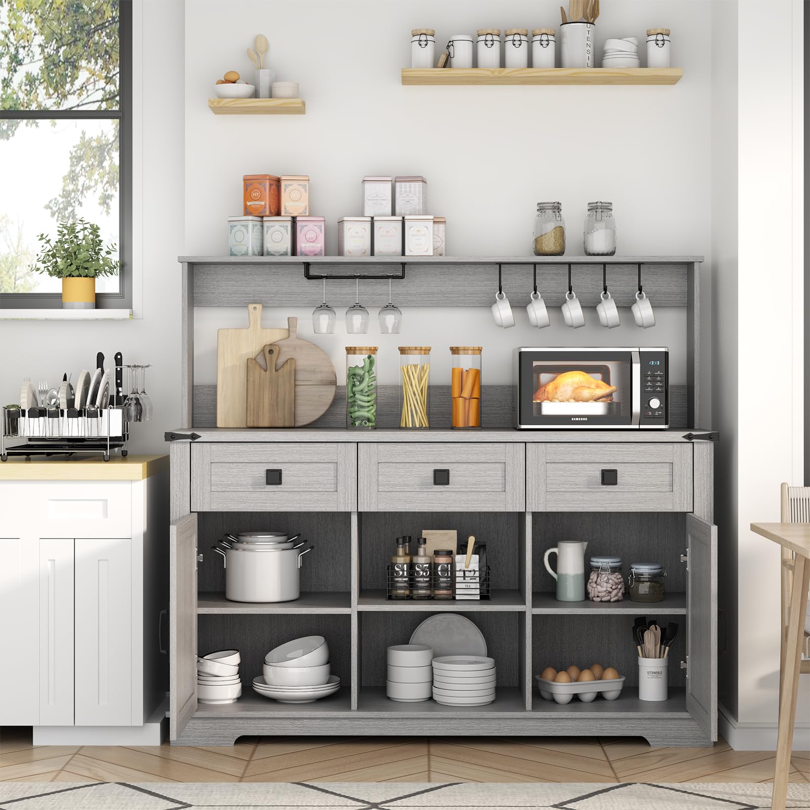 Farmhouse Bar Cabinet with Hutch - Kitchen Buffet Storage Cabinet with 3 Sliding Drawers, Adjustable Shelves & Goblet Holder - Grey - Perfect for Living Room, Dining Room, Home Bar & Entertaining