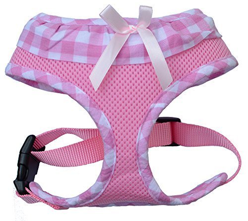Lanyarco Pink Plaid Mesh Soft Dog Harness - No Pull Walking Harness for Medium Dogs, Adjustable (Neck 14