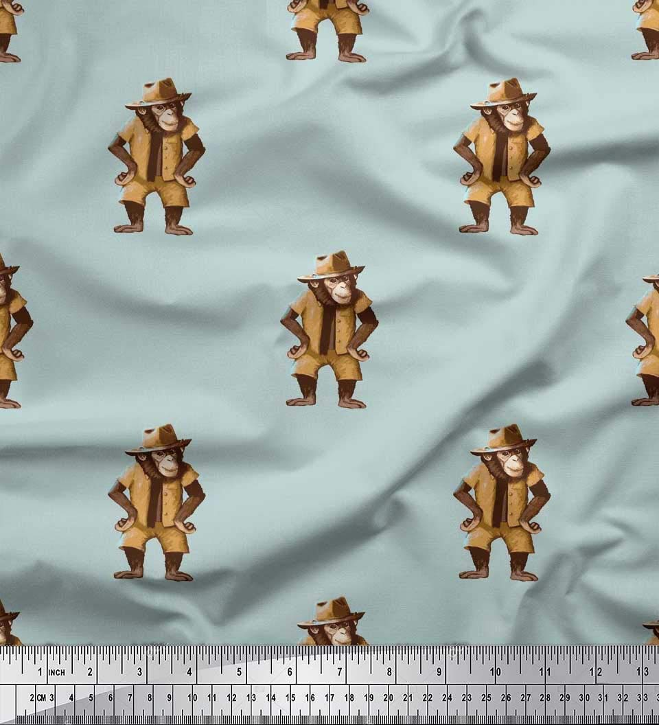 Soimoi 52 Inch Wide Polyester Crepe Fabric - Green Animal Print with Playful Monkeys in Hats - Perfect for DIY Crafts, Costumes, Home Decor & Sewing Projects (Sold by The Yard)