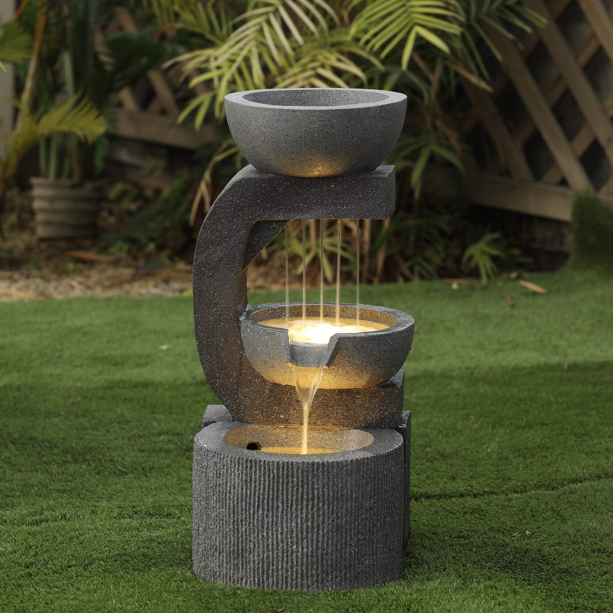 Modern Grey Cement Tiered Outdoor Fountain with LED Lights - Contemporary Stone Water Feature for Garden, Patio, and Backyard Decor