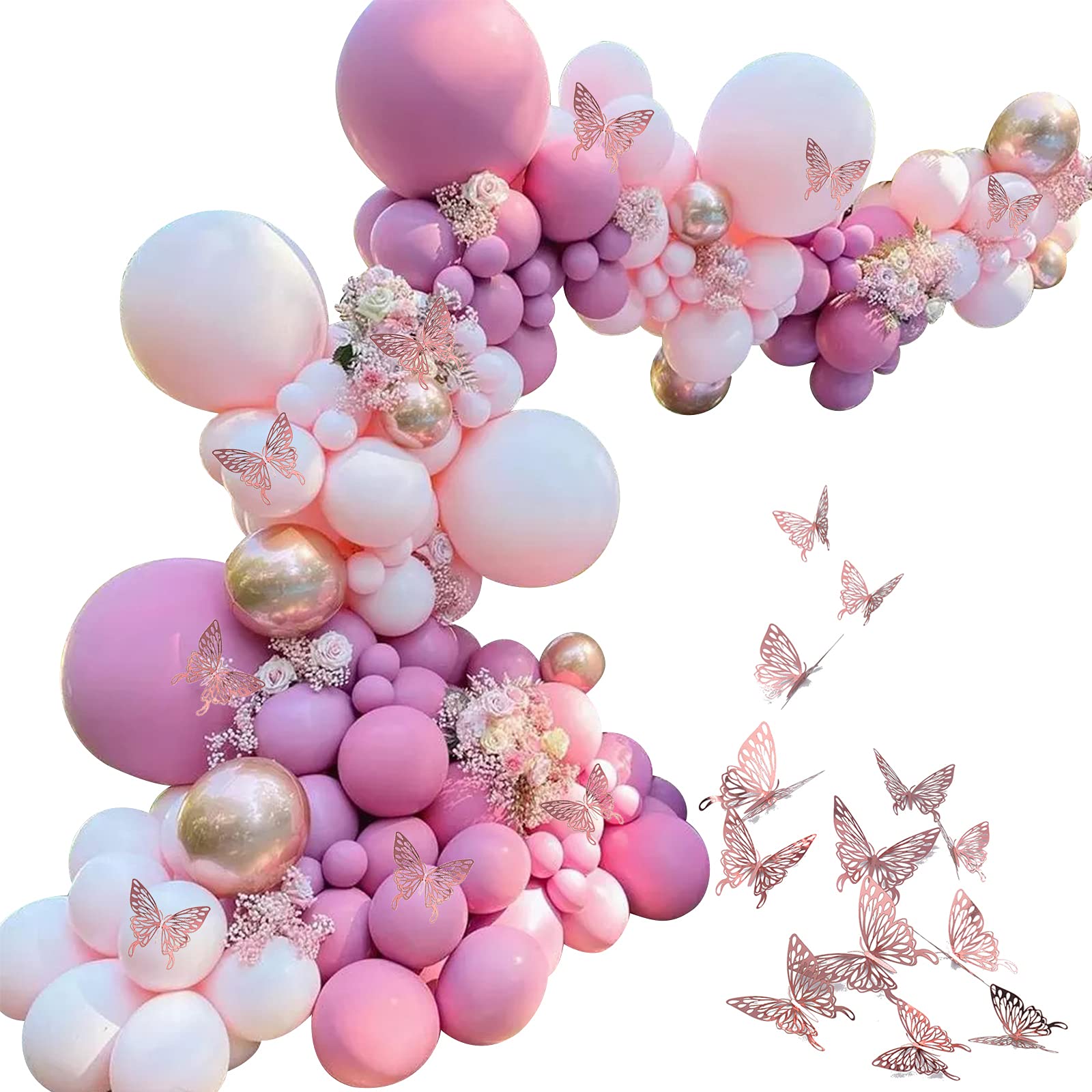 130 PCS Rose Gold & Pink Balloon Garland Arch Kit with Butterfly Stickers - Latex Balloons for Wedding, Birthday, Bridal Shower, Baby Shower Decorations - Perfect for Party Backdrops, Wall Decor, and Gender Reveal Events