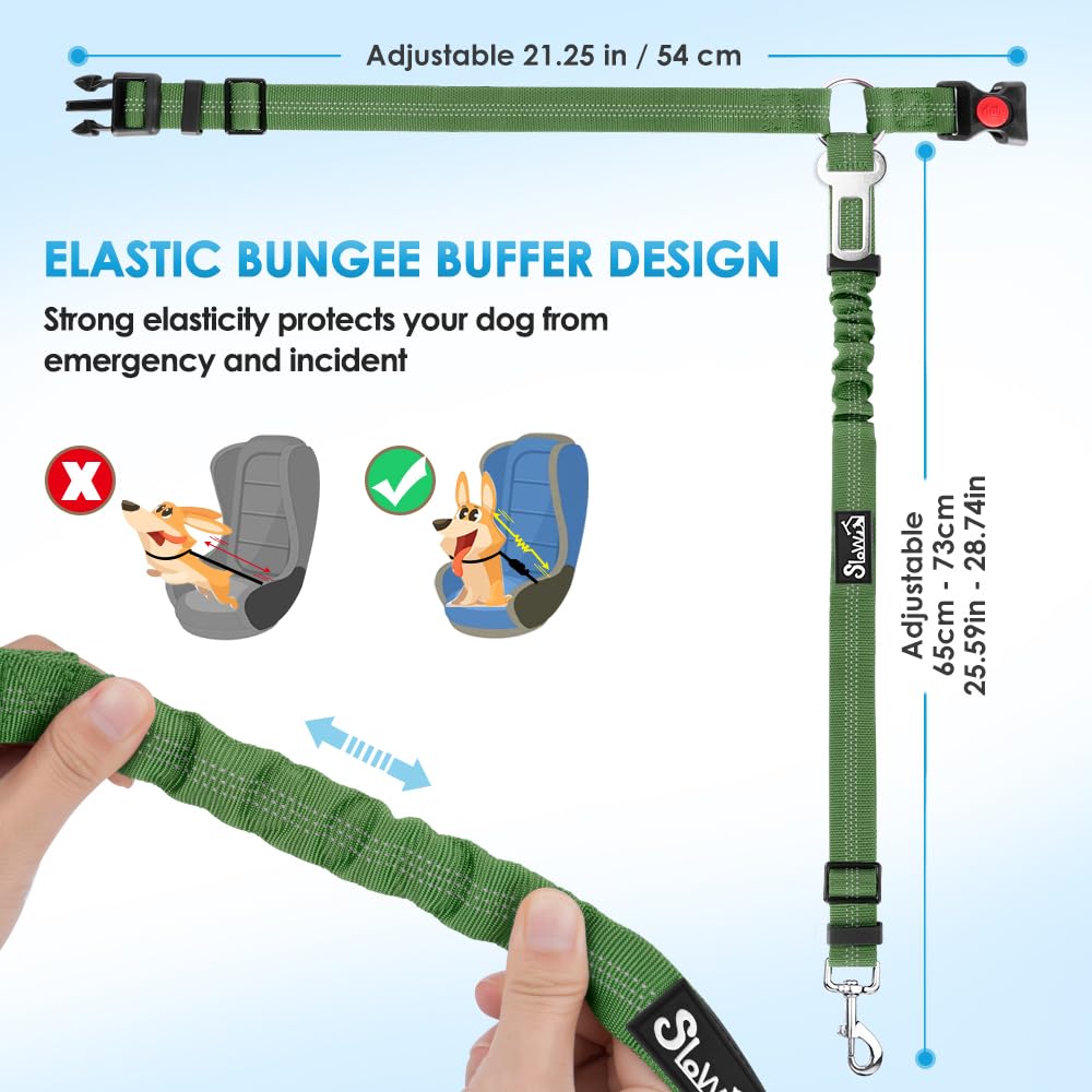 SlowTon Adjustable Dog Seat Belt for Cars - 2 Pack Pet Safety Harness with Elastic Bungee Buffer & Reflective Tether | Headrest + Clip Attachment | Perfect for Road Trips & Daily Commutes (Green)