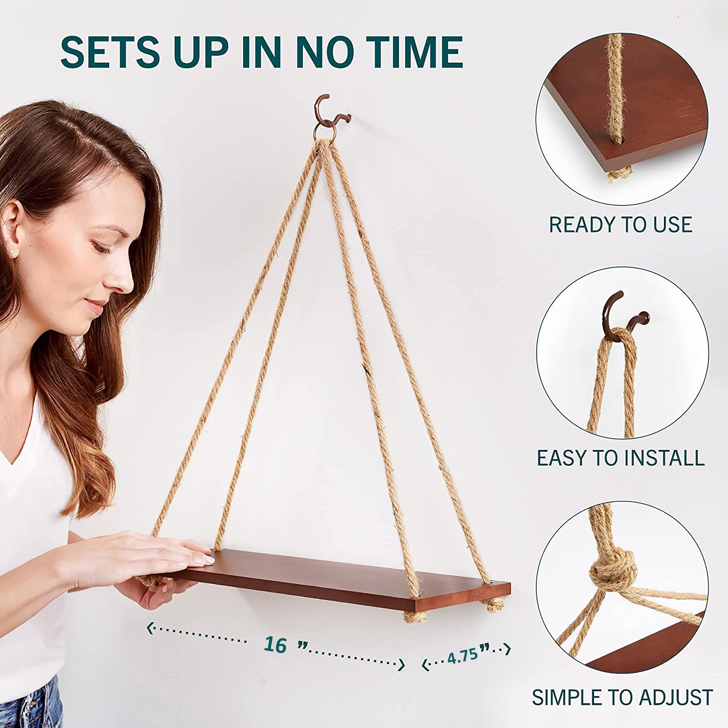 UHUD CRAFTS Adjustable Rope Hanging Shelf - Premium Wooden Wall Decor, Lightweight Floating Shelves for Plants, Books & Home Decor - Perfect for Bedroom, Living Room & Office Organization (1 Piece)