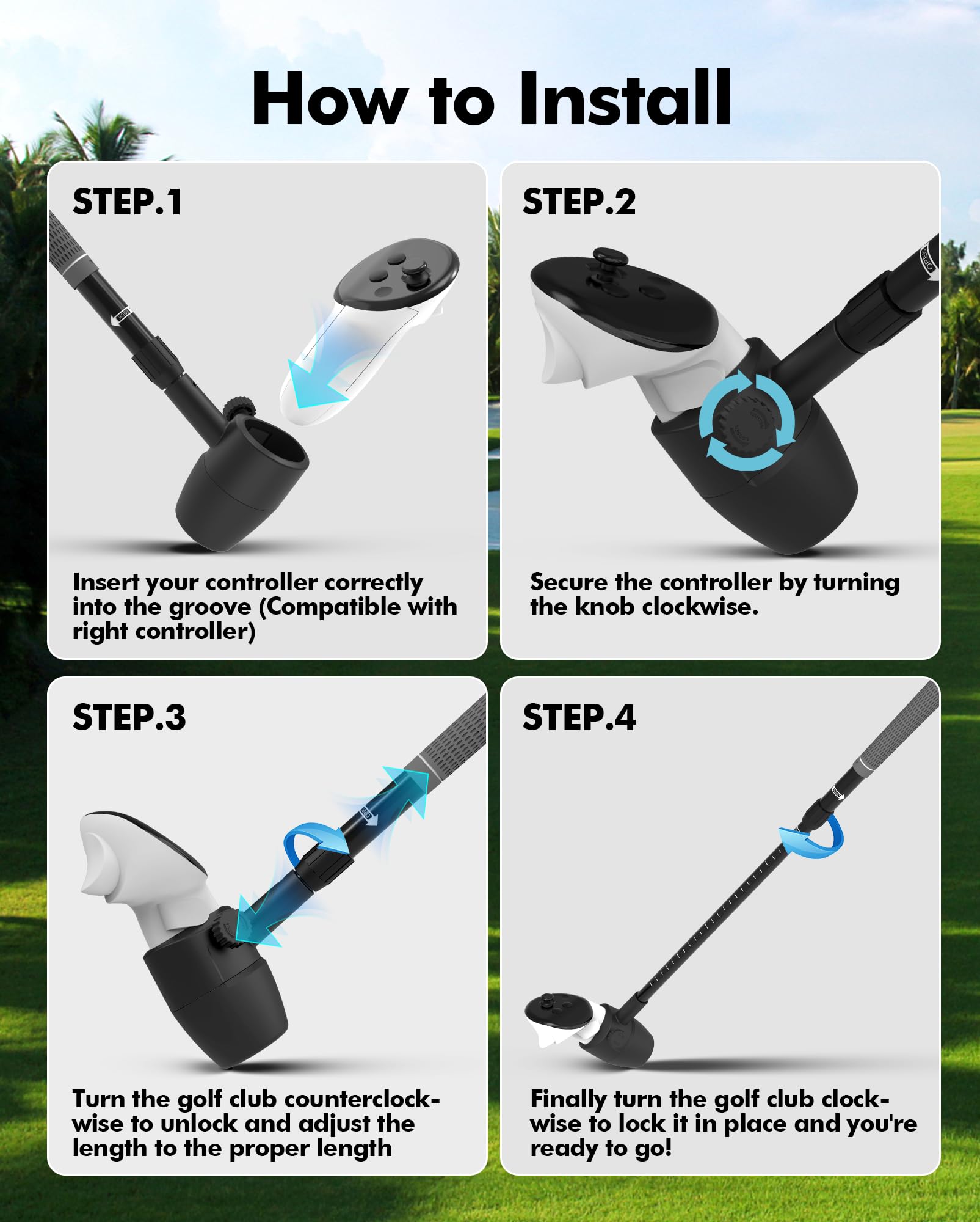 Adjustable Length VR Golf Club Handle Attachment for Meta Oculus Quest 2/3/3S/Pro - Anti-Throwout Right Controller Accessory for Immersive Golf Simulation Games