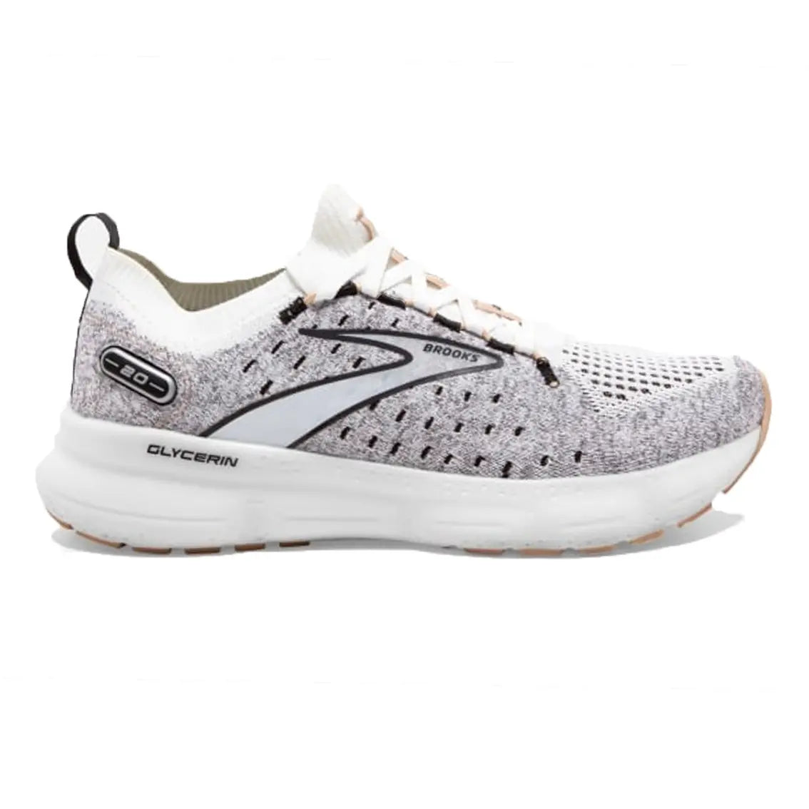 Brooks Glycerin 20 StealthFit Women's Running Shoes - White/Black/Cream - Lightweight Cushioned Sneakers for Jogging, Gym Workouts & Daily Walking