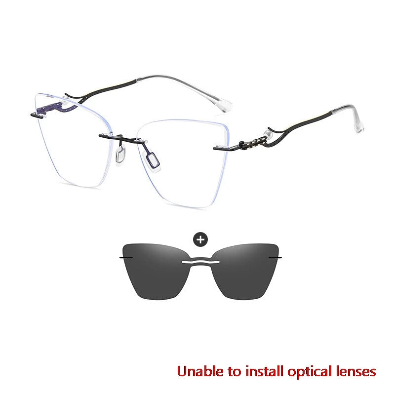 CCspace Women's Rimless Cat Eye Alloy Eyeglasses Clip-On Sunglasses - Lightweight UV Protection for Driving, Reading & Outdoor Activities