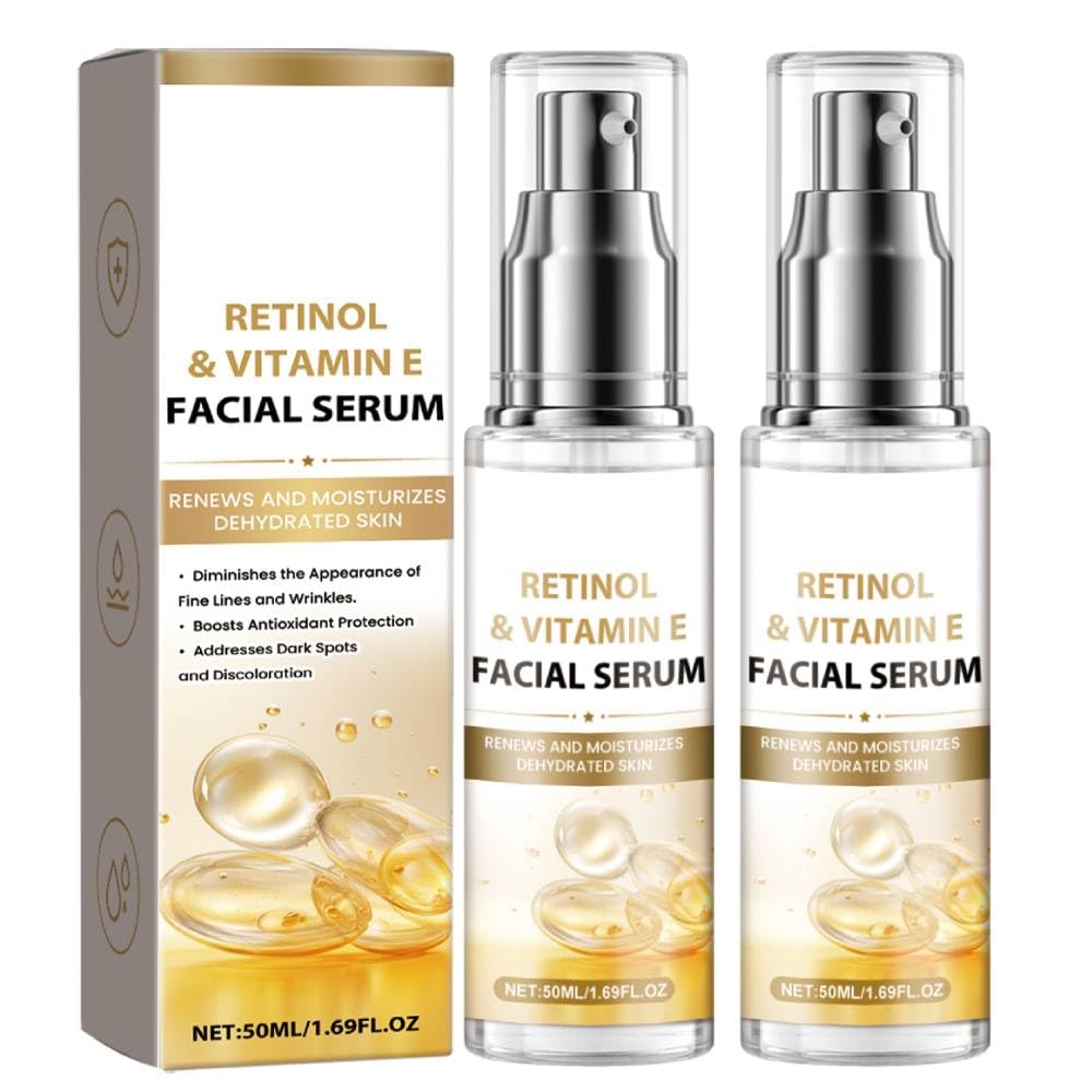 Retinol & Vitamin E Anti-Aging Facial Serum - Reduces Wrinkles & Fine Lines, Boosts Collagen, Hydrates Skin - Day & Night Moisturizer for All Skin Types (2 Pack) - Perfect for Daily Skincare Routine & Travel