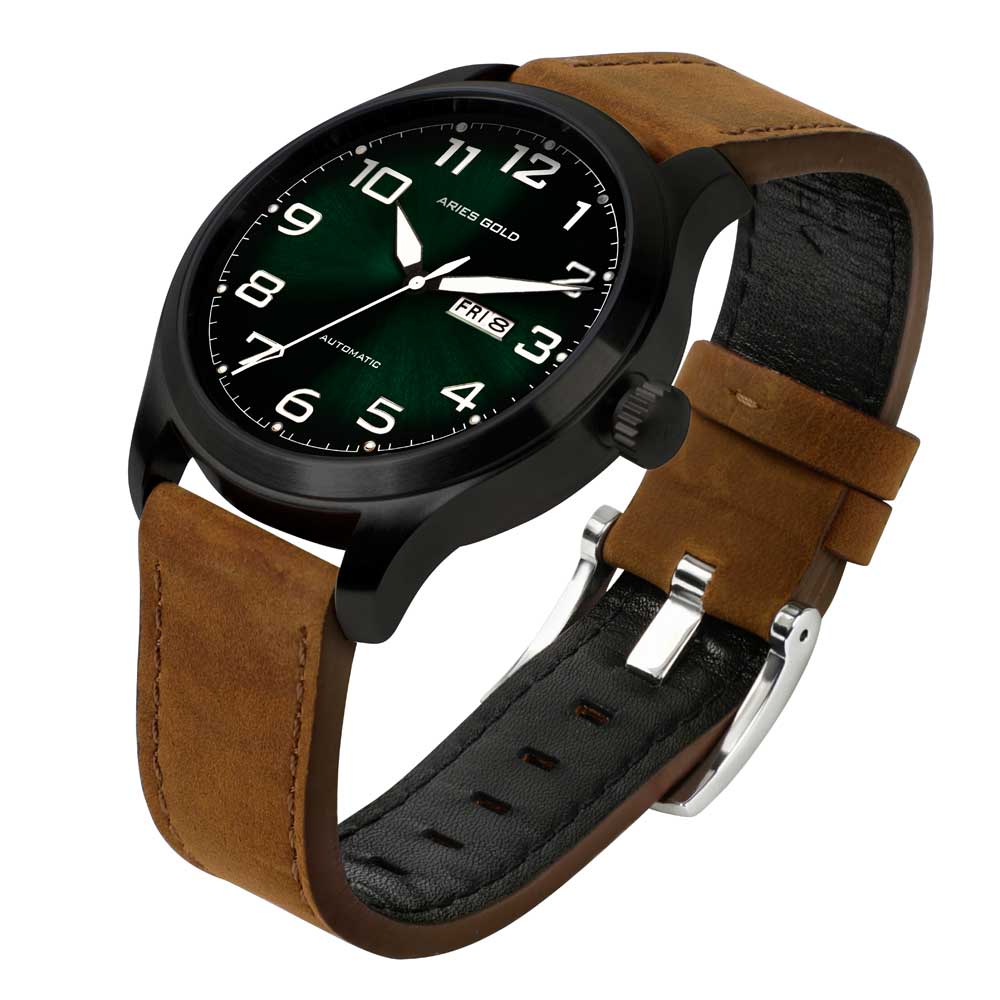 ARIES GOLD Automatic Men's Watch - Black Stainless Steel Case with Nude Leather Strap (Model G 9017 BK GN) | Waterproof & Durable for Business, Casual & Formal Occasions