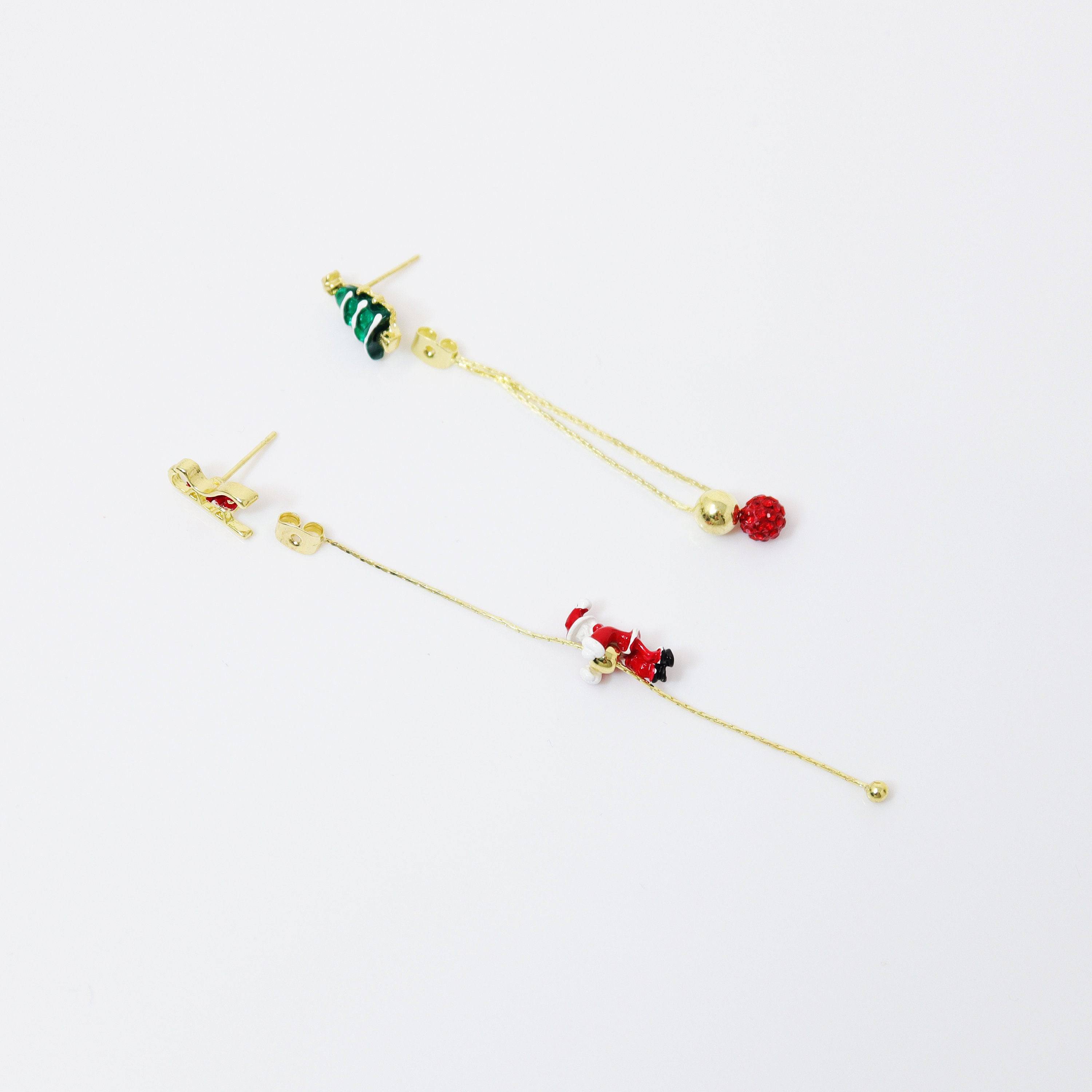 Two in One Climbing Santa Tassel Christmas Tree Earrings - Long Dangle Statement Holiday Jewelry for Women, Christmas Party, Gift Giving & Festive Outfits