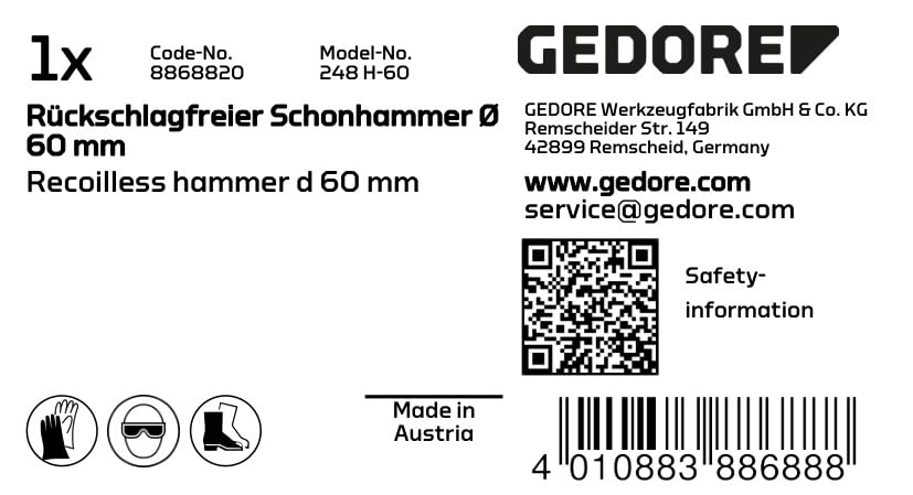 GEDORE 248 H-60 Recoilless Hammer 60mm - Heavy Duty Demolition & Construction Tool for Masonry, Concrete & Metal Work