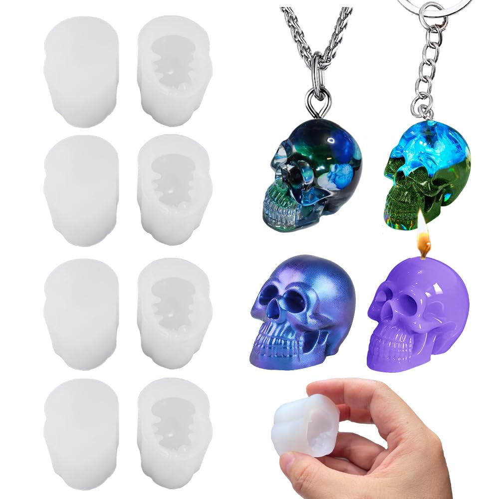 8 Pack Mini Skull Resin Silicone Molds - 3D Skull Head Candle Making Kit for DIY Resin Jewelry, Polymer Clay, Wax Casting, Chocolate & Candy Molds - Perfect for Halloween Decorations, Cake Toppers & Party Supplies