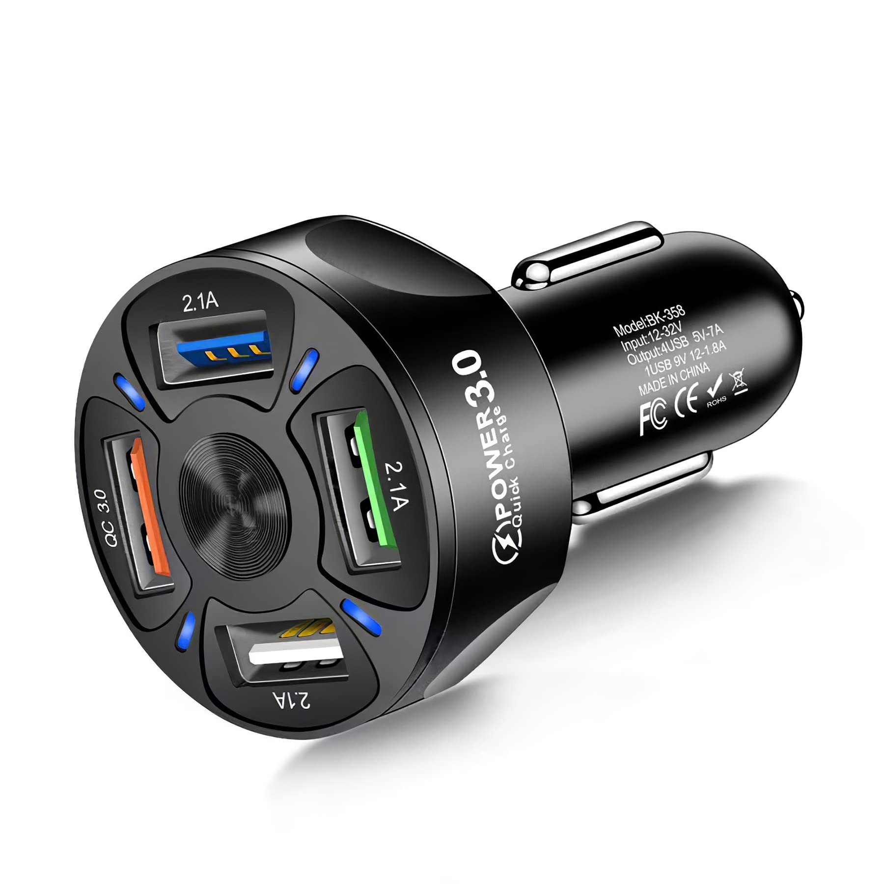 Amiss QC3.0 4-Port USB Car Charger Adapter - Fast Charging for iPhone, Samsung, Android Devices - Black Car Accessory for Road Trips, Commuting & Travel