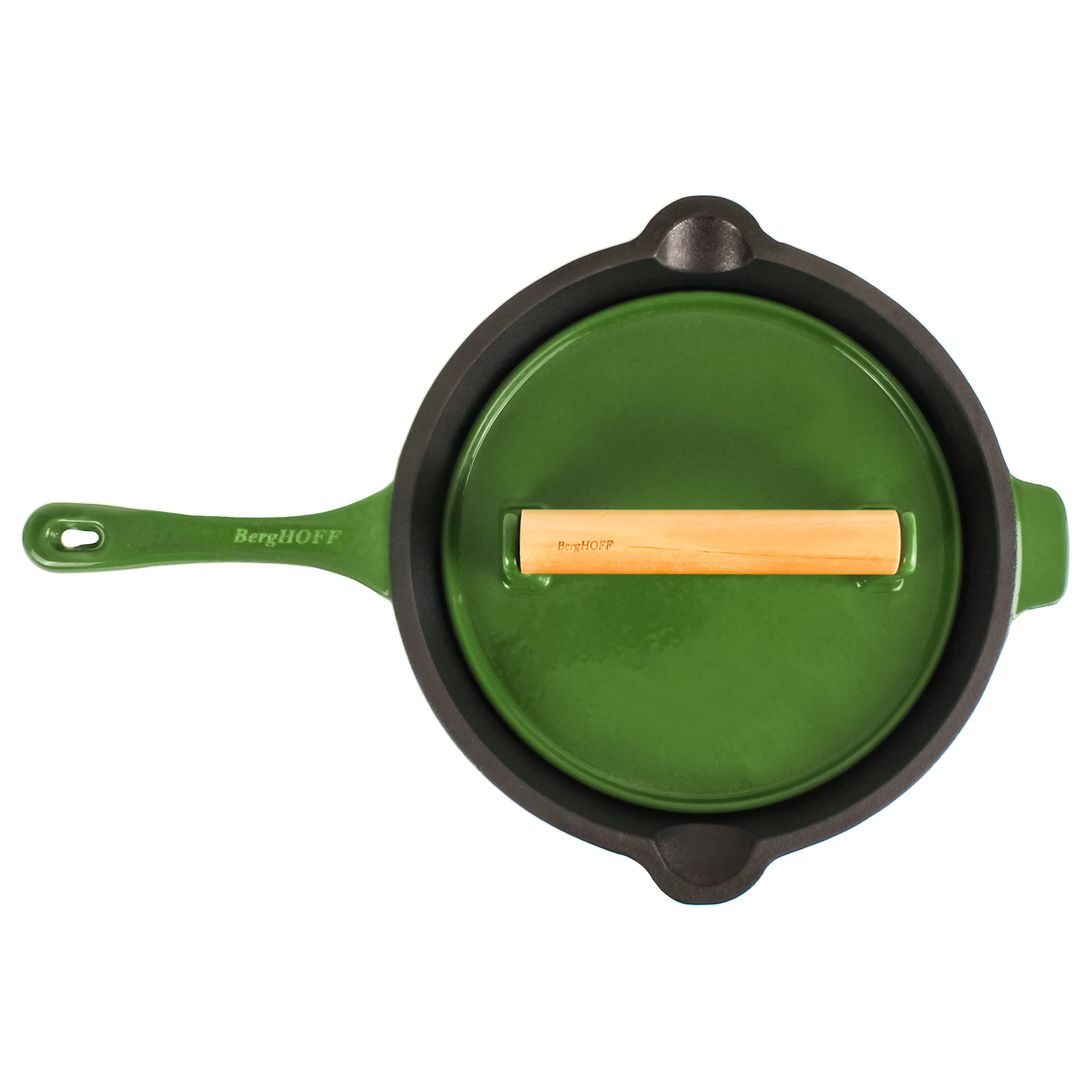 Berghoff 2-Piece Enameled Cast Iron Cookware Set - 10 Inch Fry Pan with Steak Press, Oven Safe to 400°F, Green - Perfect for Searing, Grilling & Baking at Home or Outdoor Cooking