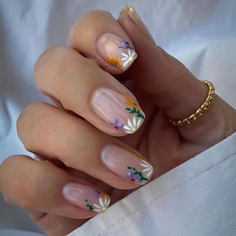 Floral Press-On Nails Medium Length - 24Pcs Square Glossy Fake Nails with French Flower Design | Acrylic Manicure Tips for Women | Perfect for Weddings, Parties & Everyday Glam