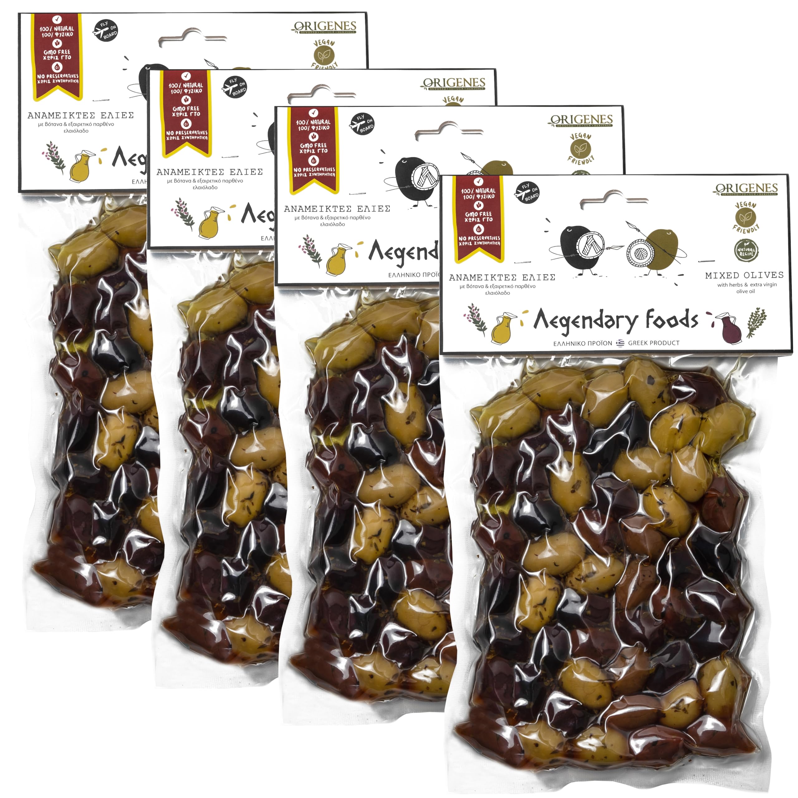4-Pack Mixed Olives in Vacuum Seal - Kalamata Black & Green Olives Marinated in Lemon Juice with Greek Oregano | Premium Extra Virgin Olive Oil | 4x200g | Perfect for Charcuterie Boards, Mediterranean Recipes & Gourmet Gifts
