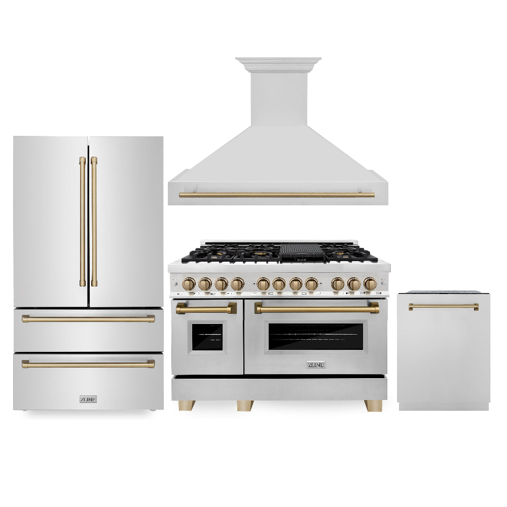ZLINE Autograph Edition 48-inch Stainless Steel Dual Fuel Range Kitchen Package with Range Hood, Dishwasher & Refrigerator - Champagne Bronze Accents (4KAPR RARHDWM48 CB) | Premium Kitchen Appliances for Modern Homes & Professional Chefs