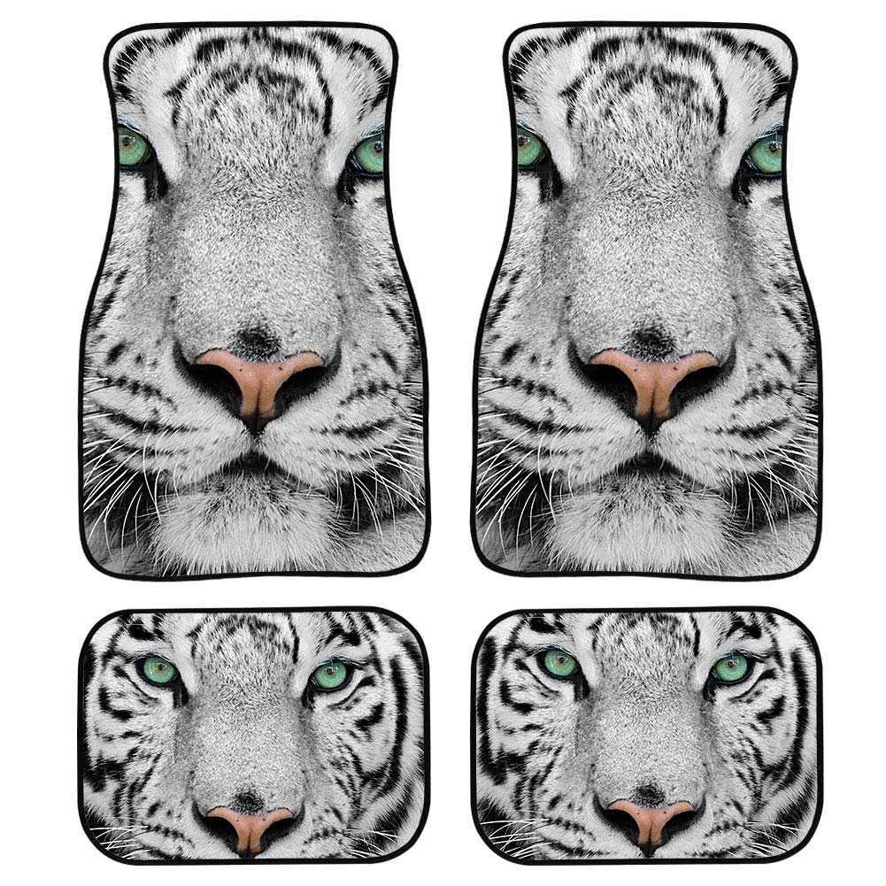 Vintage White Tigers Pattern 4-Piece Car Floor Mats - Universal Fit for Sedan, SUV & Auto (Front & Rear) - Non-Slip, Durable & Easy to Clean - Perfect for Road Trips, Daily Commute & Car Protection