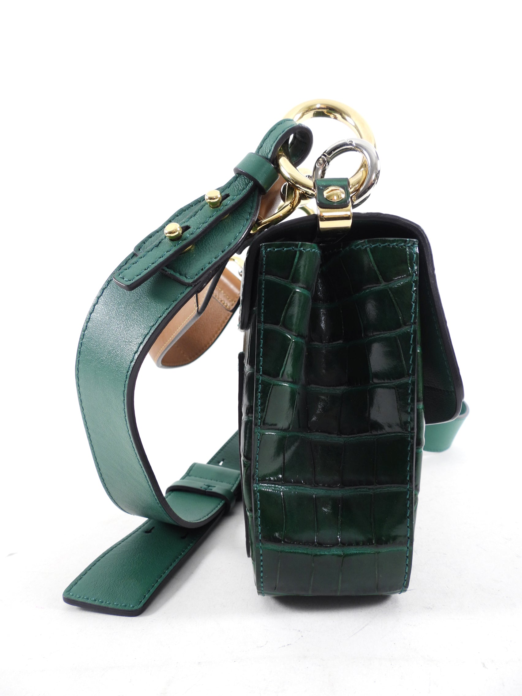 Chloe Green Croc-Embossed C Two-Way Flap Crossbody Bag - Stylish Handbag for Women, Perfect for Work, Travel & Evening Out