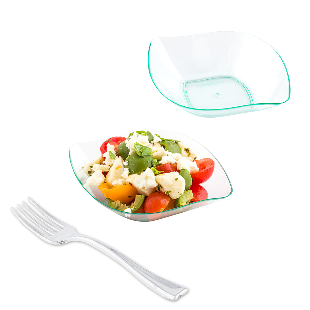 100 Seagreen Plastic 3.5 Inch Comma-Shaped Plates & 100 Silver Plastic 4 Inch Mini Forks - Perfect for Beach Parties, Picnics, and Outdoor Events