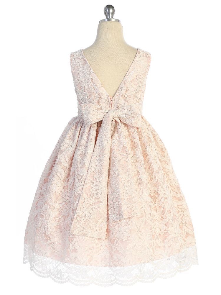 Elegant Big Girls Blush Lace Bridesmaid Dress with Pearl Trim - V Back Design for Juniors Size 8-14 - Perfect for Weddings, Proms & Special Occasions