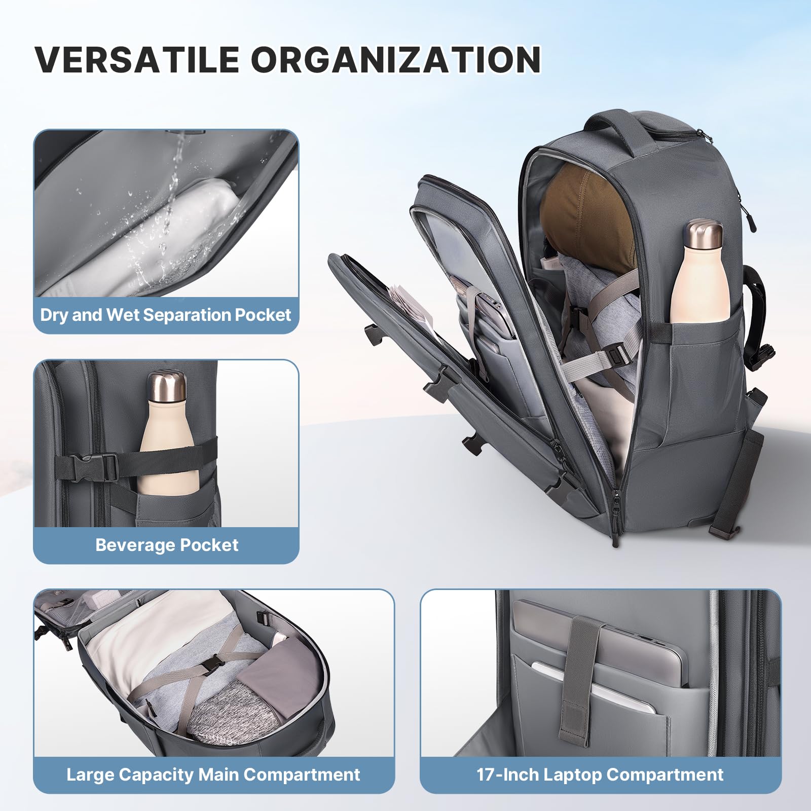 Rolling Backpack for Women & Men - 40L Wheeled Carry On Luggage Travel Backpack with Laptop Compartment (Fits 17 Inch Laptop) - Airline Approved Trolley Backpack for Business Trips & Overnight Travel (Gray) - Perfect for Commuting, Airports & Business Meetings