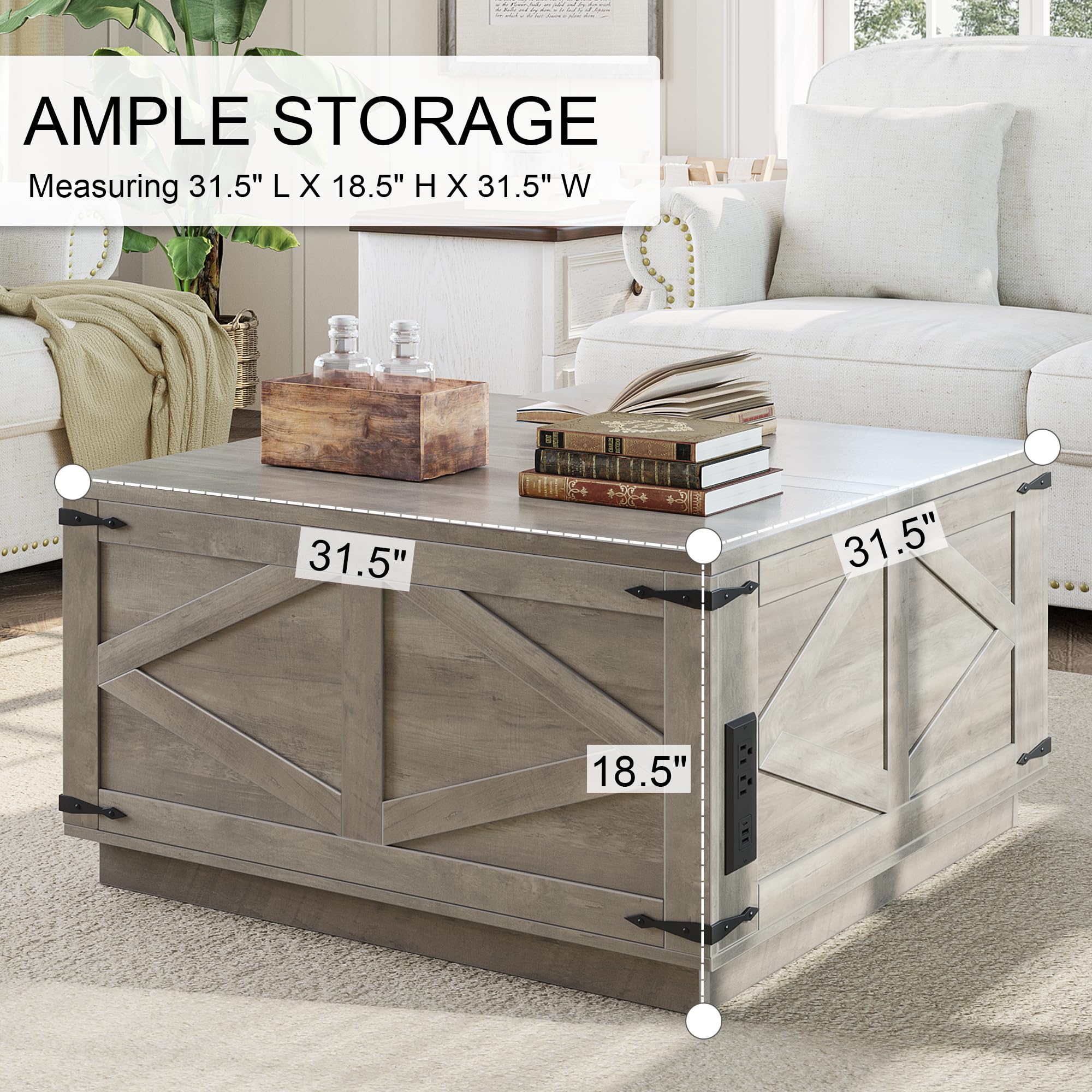 Rustic Lift Top Coffee Table with Storage - Square Wooden Center Table with LED Light, USB Charging Station & Hidden Compartment - Farmhouse Living Room Furniture for Home Decor (Grey) - Perfect for Small Spaces, Entertaining Guests & Stylish Storage Solutions