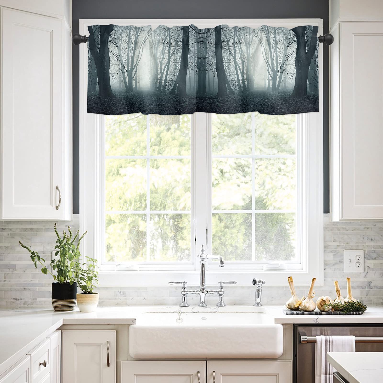 Gothic Forest Window Curtains - 54 x 18 Inch Blackout Panel Drapes for Bedroom, Living Room & Small Windows | Machine Washable Kitchen Valance with Rod Pocket | Halloween & Gothic Home Decor for Foggy Path Themed Rooms