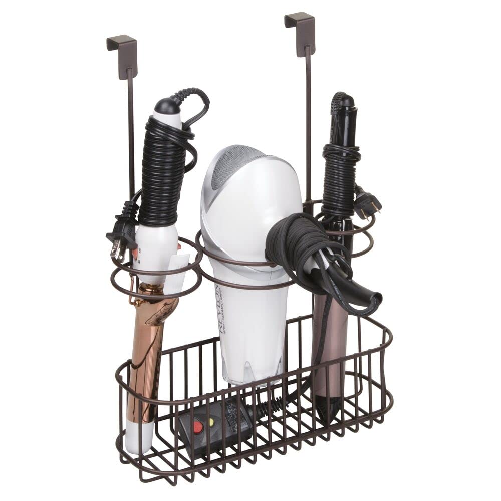 mDesign Steel Over Cabinet Door Hair Care Organizer - 3-Section Storage Basket for Hair Dryer, Flat Iron, Curling Wand & Straightener | Space Saving Solution for Bathroom & Vanity | Concerto Collection in Bronze