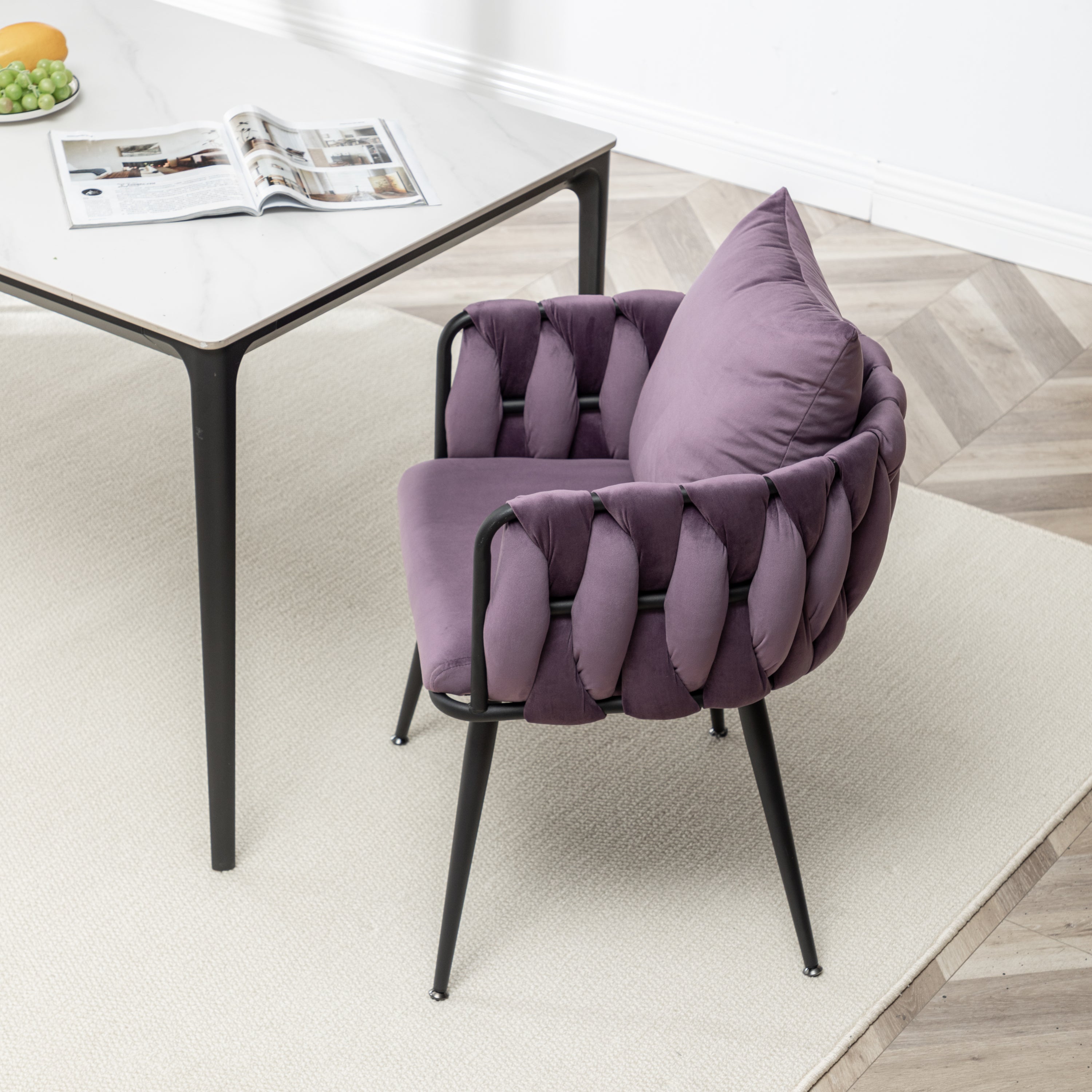 Dark Purple Velvet Dining Chairs Set of 2 - Modern Hand-Woven Upholstered Accent Chairs with Black Metal Legs for Living Room, Kitchen, Dining Room & Vanity - Perfect for Entertaining, Relaxing & Home Decor