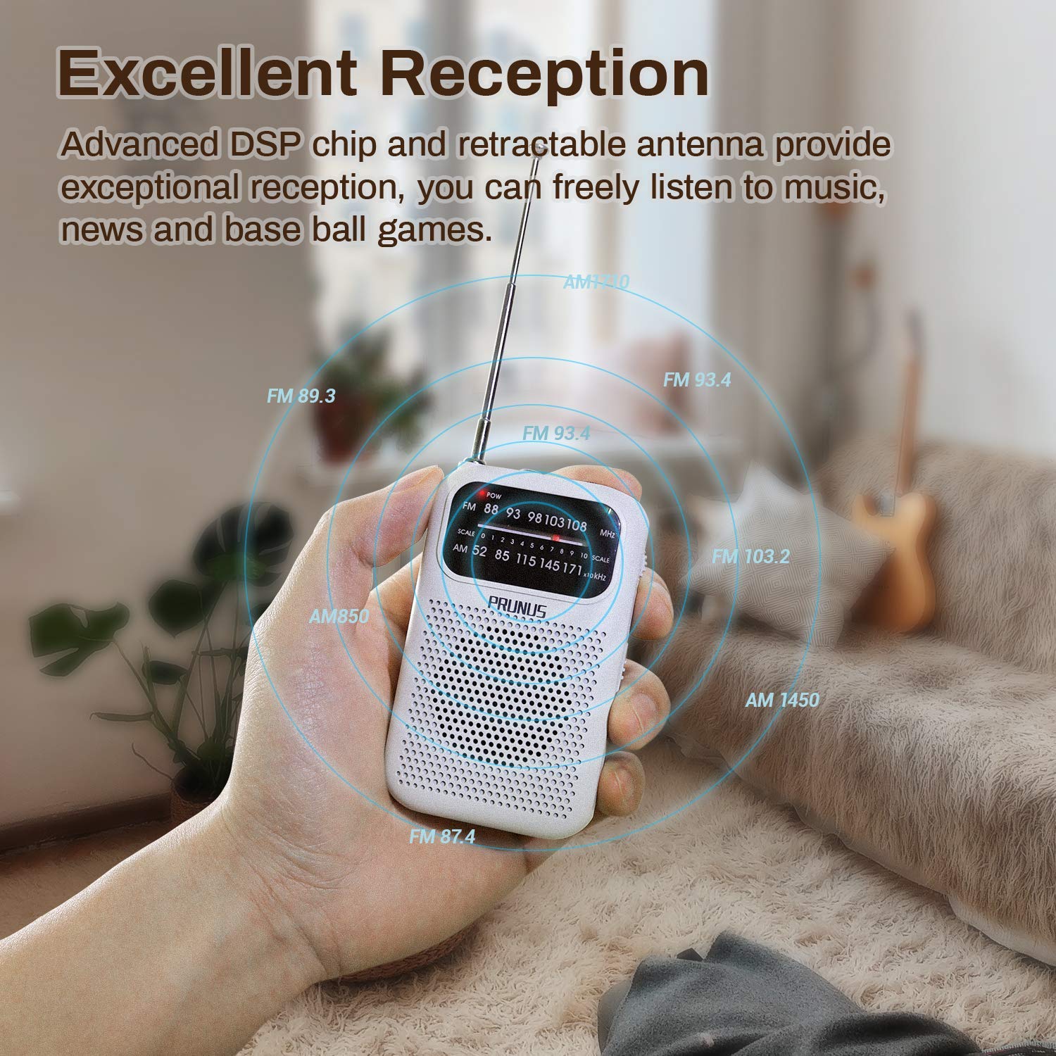 PRUNUS J-189 & J-777 Portable Bluetooth AM/FM Radio with Dual Speaker Heavy Bass - Best Reception Pocket Walkman for Outdoor, Travel, Gym, and Home Use (Blue+White)