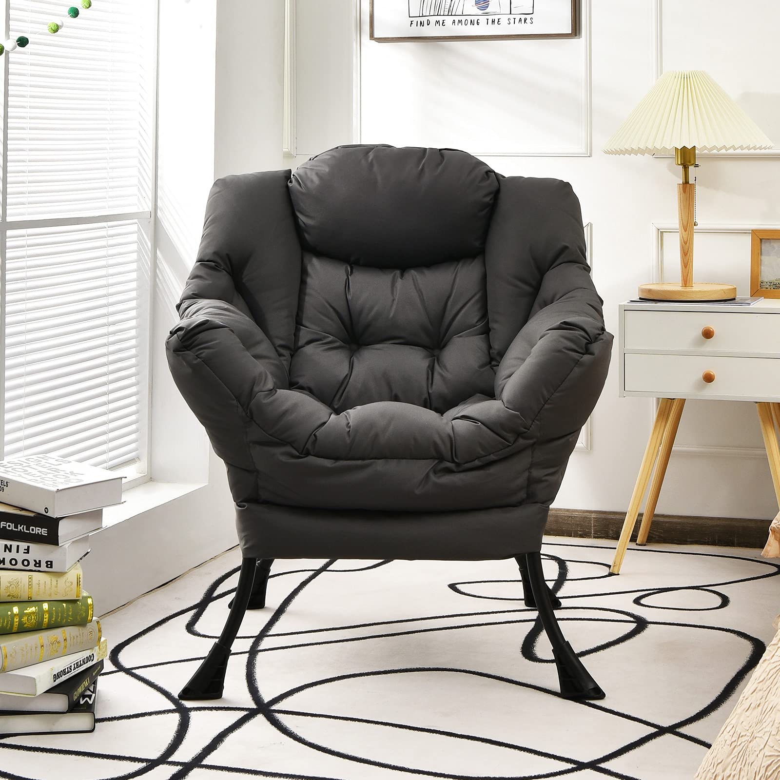 Giantex Modern Lazy Chair - Contemporary Accent Lounge Chair with Polyester Fabric & Sturdy Steel Frame, Upholstered Single Sofa Chair with Armrests & Side Pocket - Perfect for Living Room, Bedroom, Office or Reading Nook (Grey)