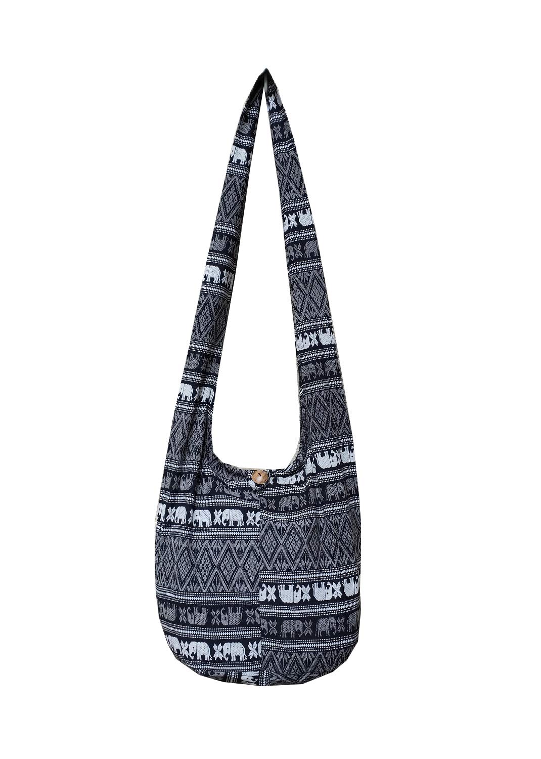 BTP! Ethnic Elephant Print Crossbody Shoulder Bag - Bohemian Hippie Hobo Purse for Women - Small Black Sling Bag for Travel, Festival & Everyday Use
