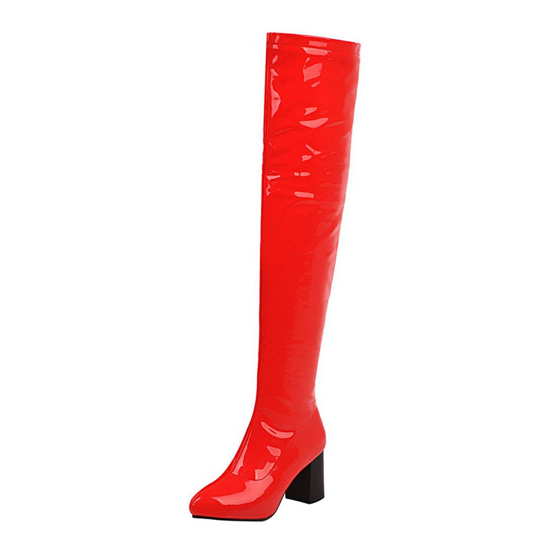 LUXMAX Women's Stretchy Over Knee Patent Leather Thigh High Boots with Chunky Heel - Fashionable & Comfortable for Party, Night Out, and Winter Style
