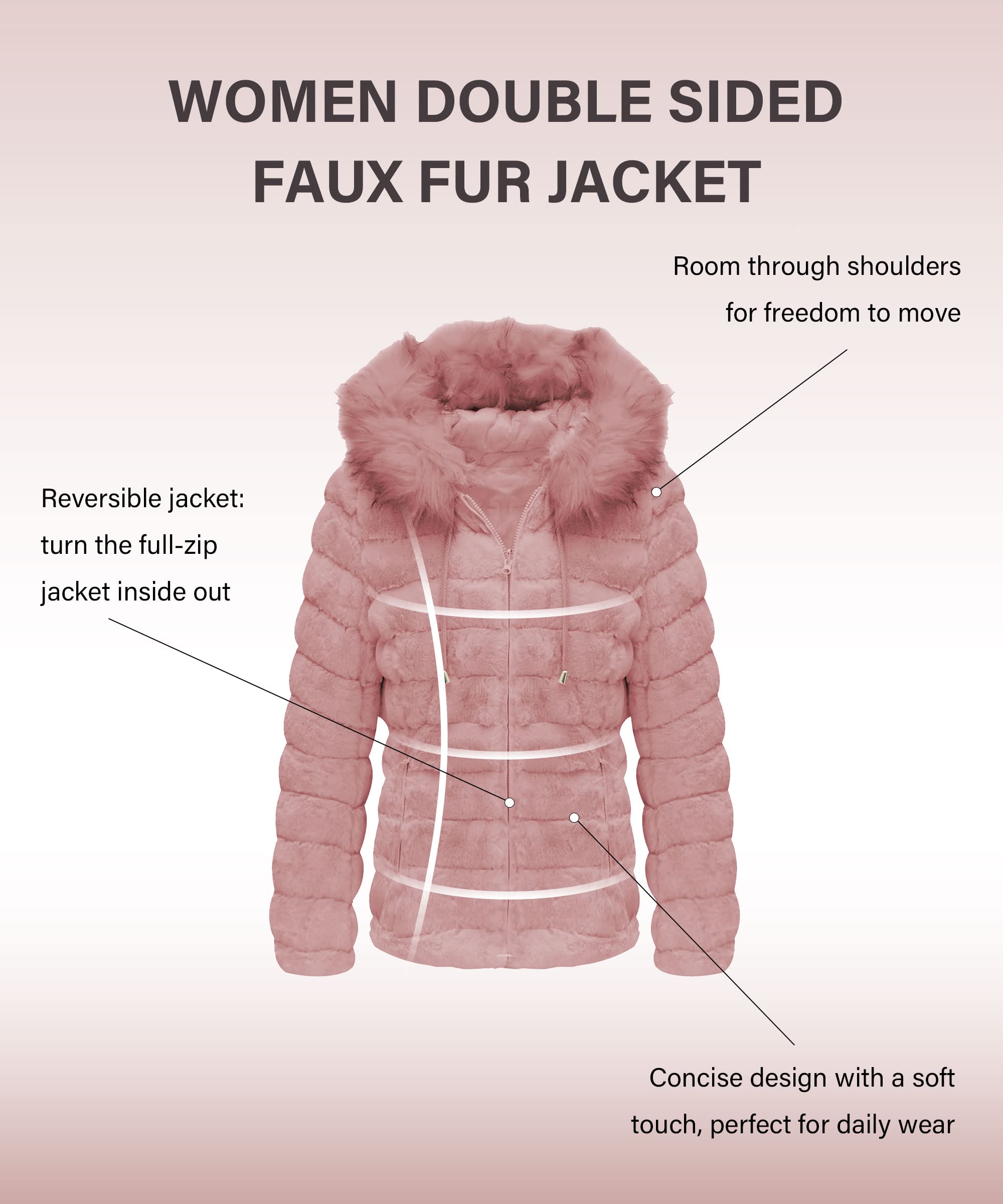 Bellivera Women's Reversible Faux Fur Jacket - Double Sided Winter & Spring Hooded Puffer Coat with Detachable Fur Collar | Warm Fashion Outerwear for Casual Outings, Travel & Cold Weather