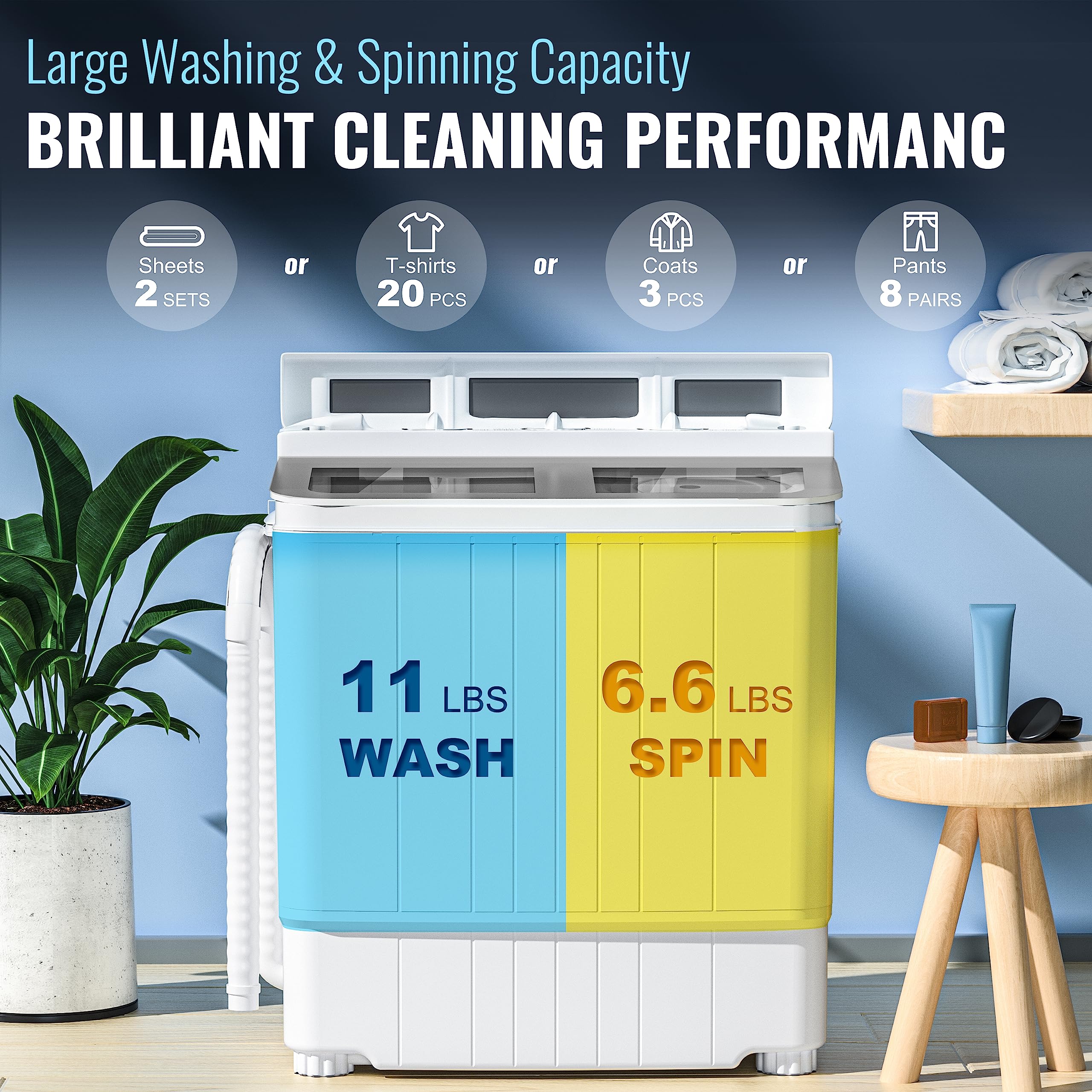 Superday Portable Mini Twin Tub Washing Machine - Compact Washer & Spin Dryer with Wash/Spin Cycle, 17.6lbs Capacity - Perfect for Camping, Apartments, Dorms, RVs & Delicate Laundry (Grey) - Ideal for Small Spaces, Travel & Off-Grid Living