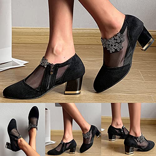 Breathable Women's Chunky Heel Pointed Toe Rhinestone Mesh Ankle Boots - Retro High Heel Zipper Booties with Diamond Accents for Casual & Party Wear - Fast 7-14 Day Delivery