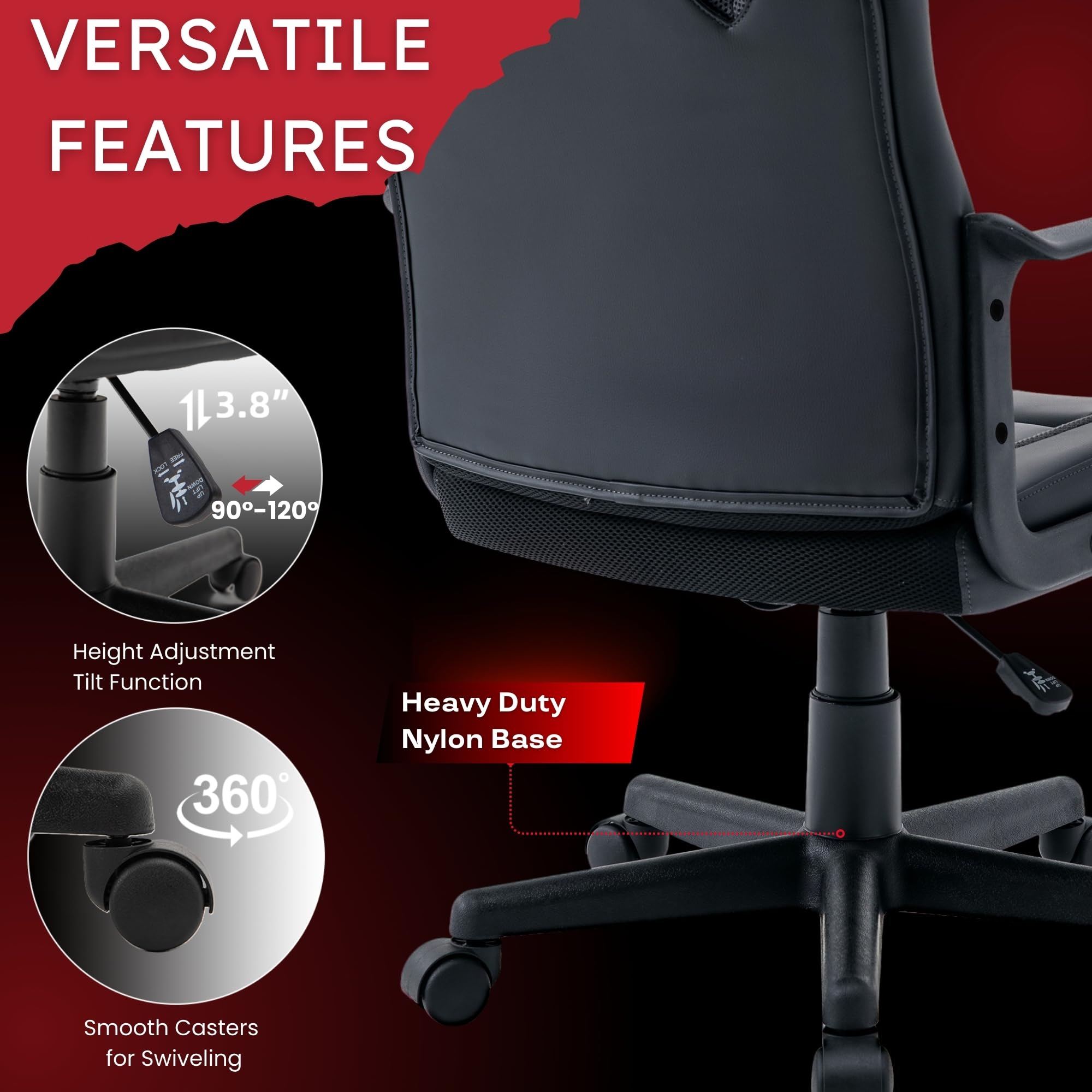 Ergonomic Gaming Chair with Lumbar Support - High Back PU Leather Office Chair for Adults & Teens - Adjustable Swivel Computer Desk Chair for Home, Gaming & Work - Black & Red Racing Style