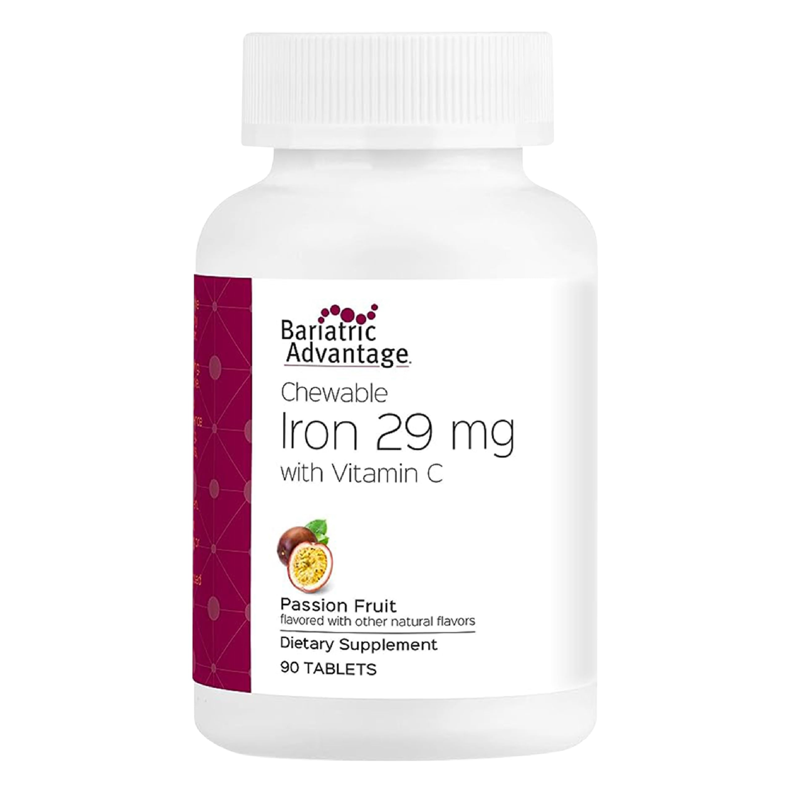 Bariatric Advantage Chewable Iron 29 mg Supplement - Ferrous Fumarate & Carbonyl Iron with Vitamin C - No Metallic Taste - Passion Fruit Flavor - 90 Count - Ideal for Bariatric Surgery Patients & Iron Deficiency Support - Perfect for Post-Surgery Recovery & Daily Nutrition Boost