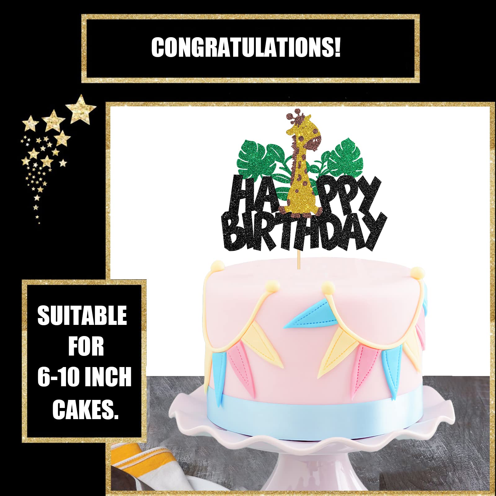 Giraffe Birthday Cake Topper - Zoo Themed Happy Birthday Decor for Kids, Boys & Girls 1st & 2nd Birthday Parties - Black Glitter Baby Shower Cake Decoration - Perfect for Jungle Theme, Safari Birthday Cakes & Wild Animal Party Supplies