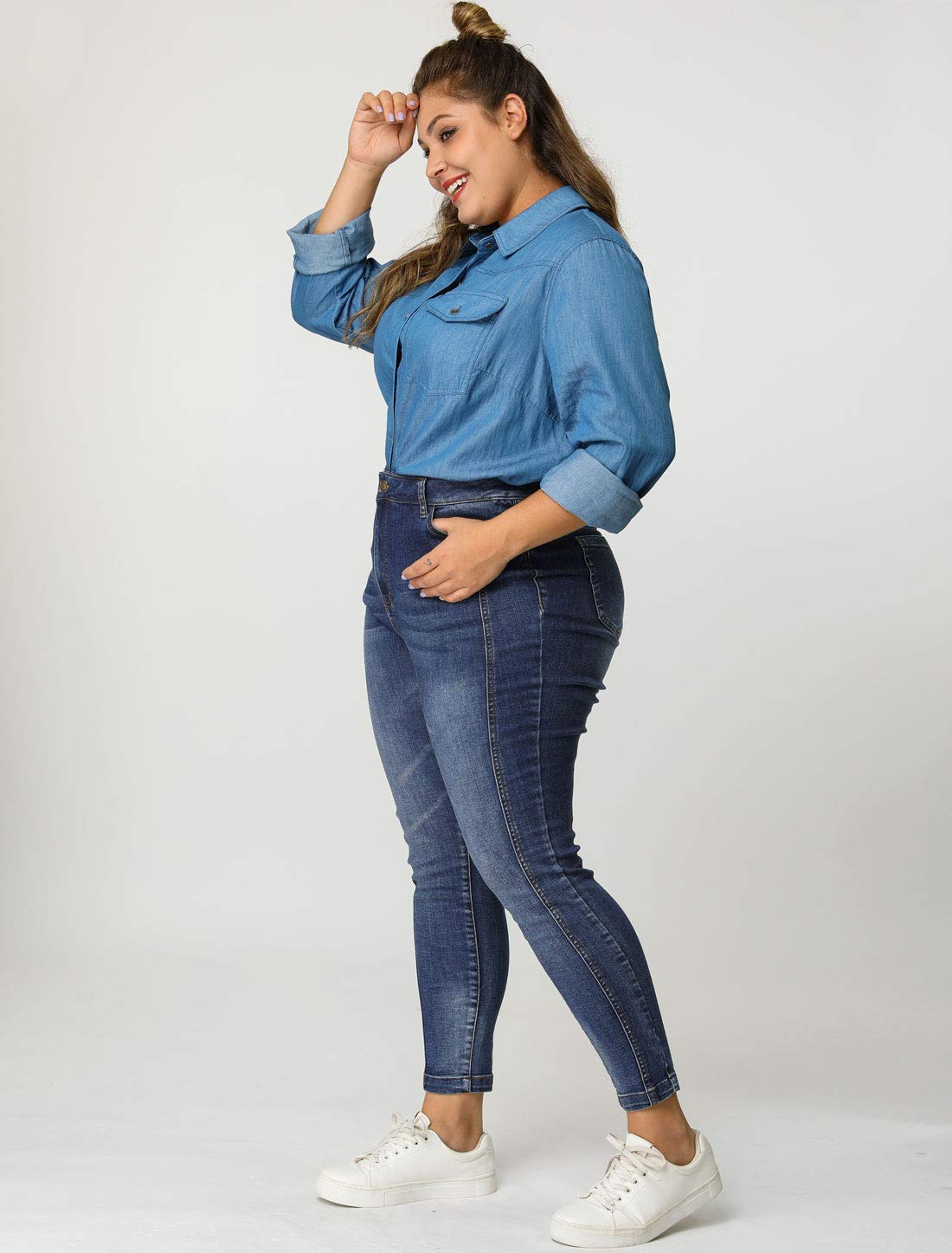 Agnes Orinda Women's Plus Size Mid Rise Stretch Skinny Jeans - Washed Denim Jeggings for Casual Wear | Perfect for Work, Weekend Outings & Everyday Comfort