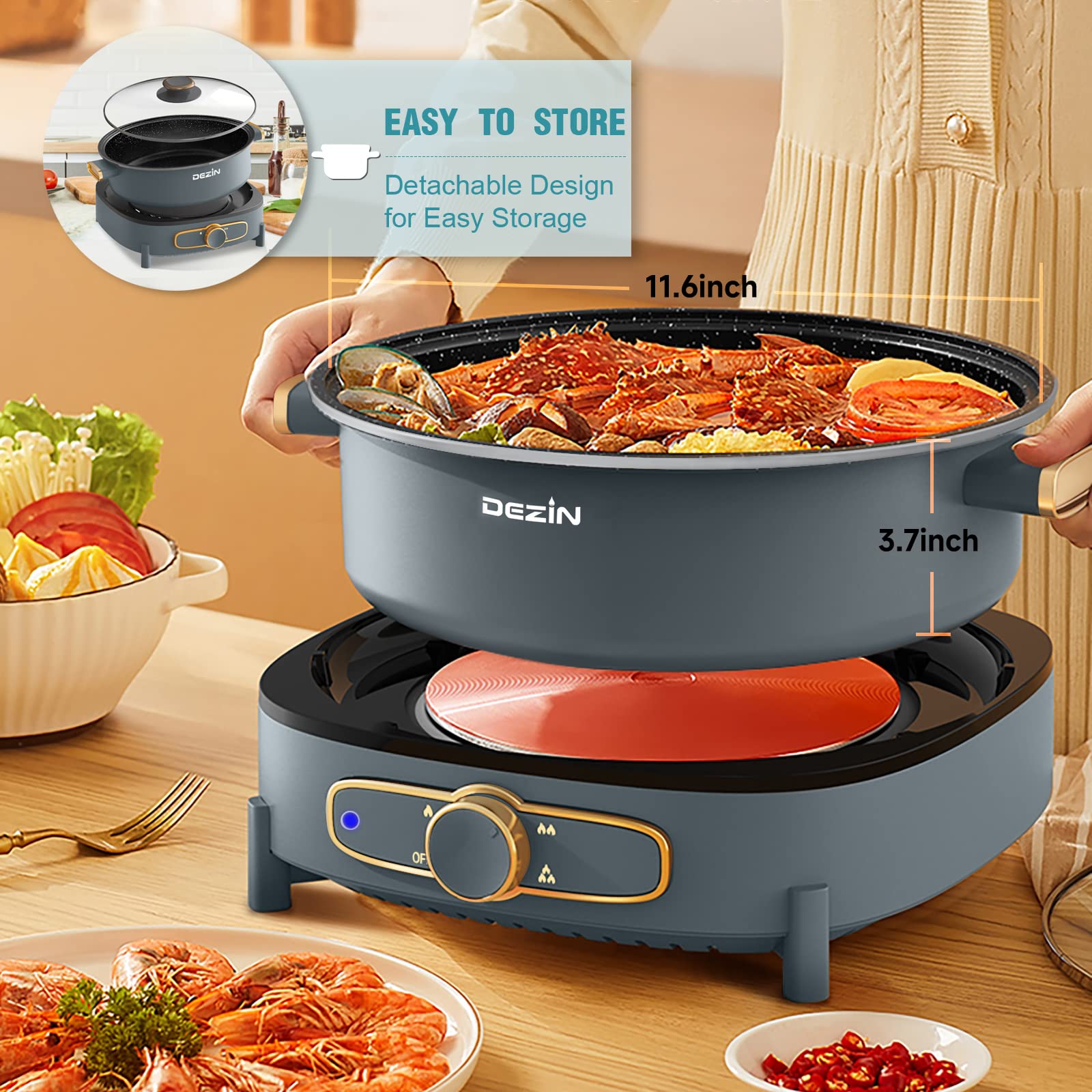 Electric Shabu Shabu Hot Pot - 5L Non-Stick Electric Fondue Pot with Removable Pot, Multi-Power Control & Tempered Glass Lid - Perfect for Family Gatherings, Dinner Parties & Asian Hot Pot Nights