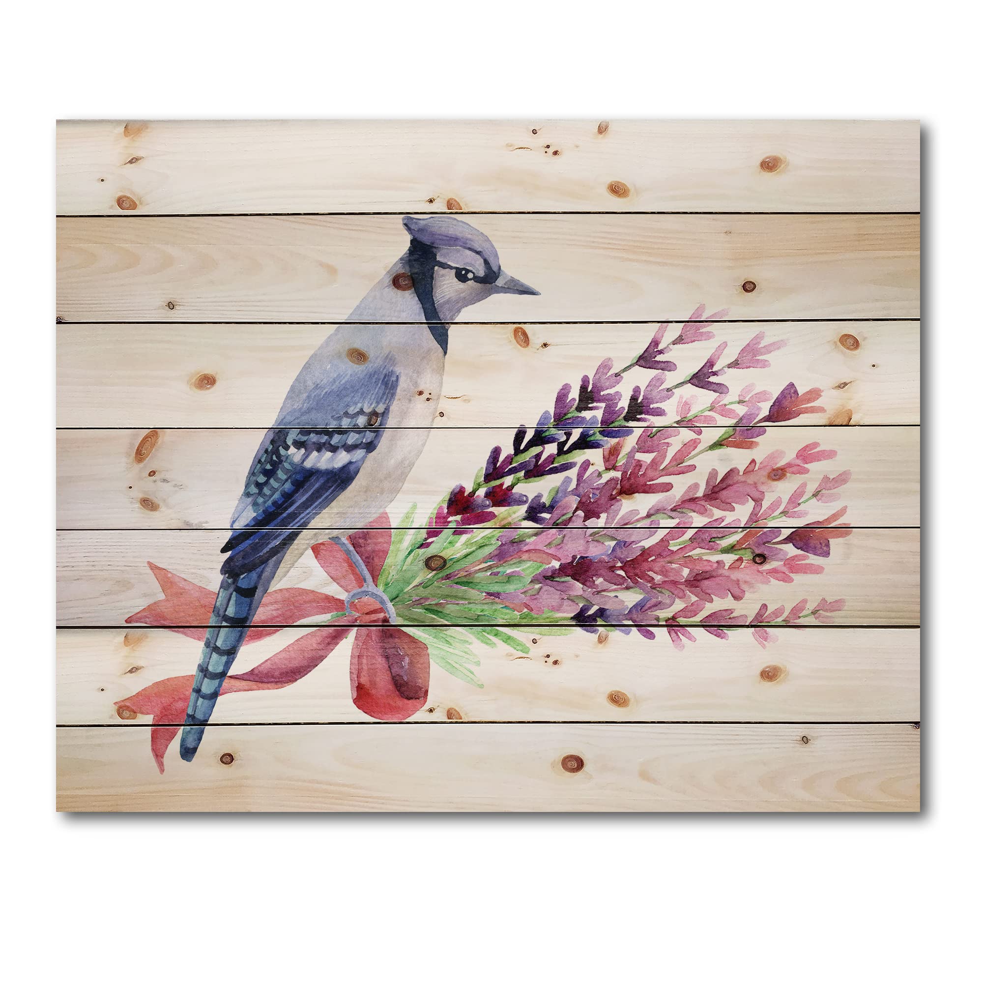 Blue Jay on Pink Flowers Wood Wall Art - Traditional Handmade Pine Wood Decor, Large Animal Wall Panel for Living Room, Bedroom & Office