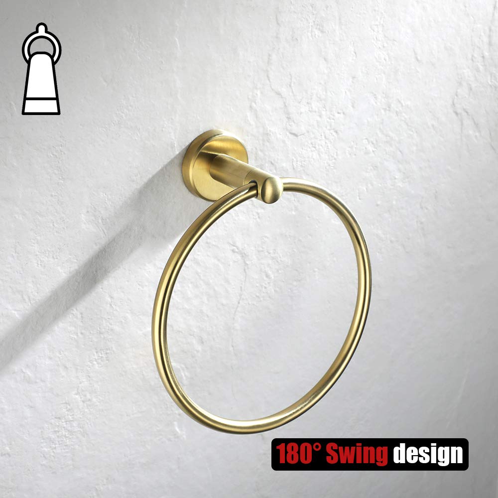 JQK Brass Gold Towel Ring - 304 Stainless Steel Bathroom Hand Towel Holder - Wall Mounted Brushed Gold Finish (TR130-BG) - Perfect for Modern Bathroom & Powder Room Decor