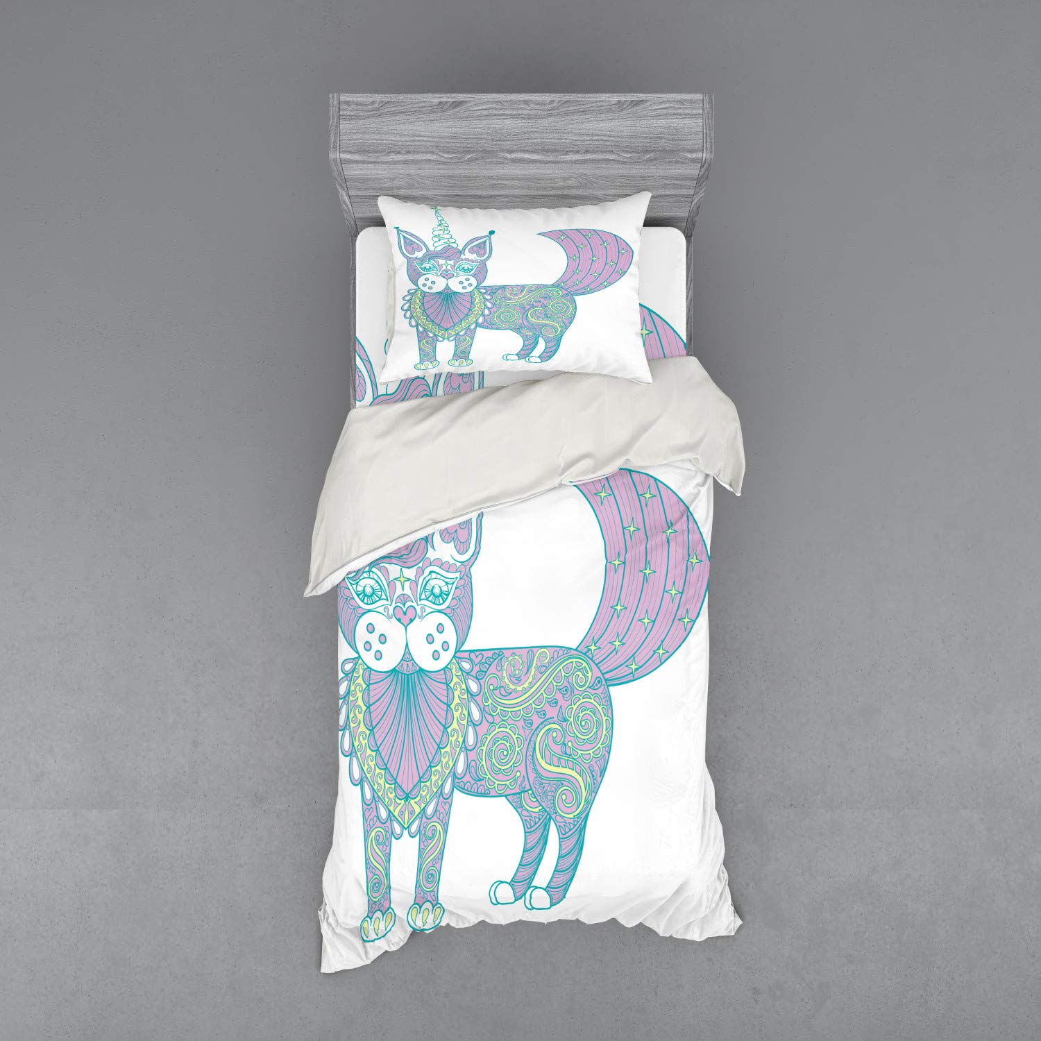 Ambesonne Unicorn Cat Duvet Cover Set - 3 Piece Boho Chic Bedding with Sham & Fitted Sheet, Twin Size in Pink Teal & Pale Yellow - Perfect for Kids' Rooms, Teen Bedrooms & Whimsical Home Decor