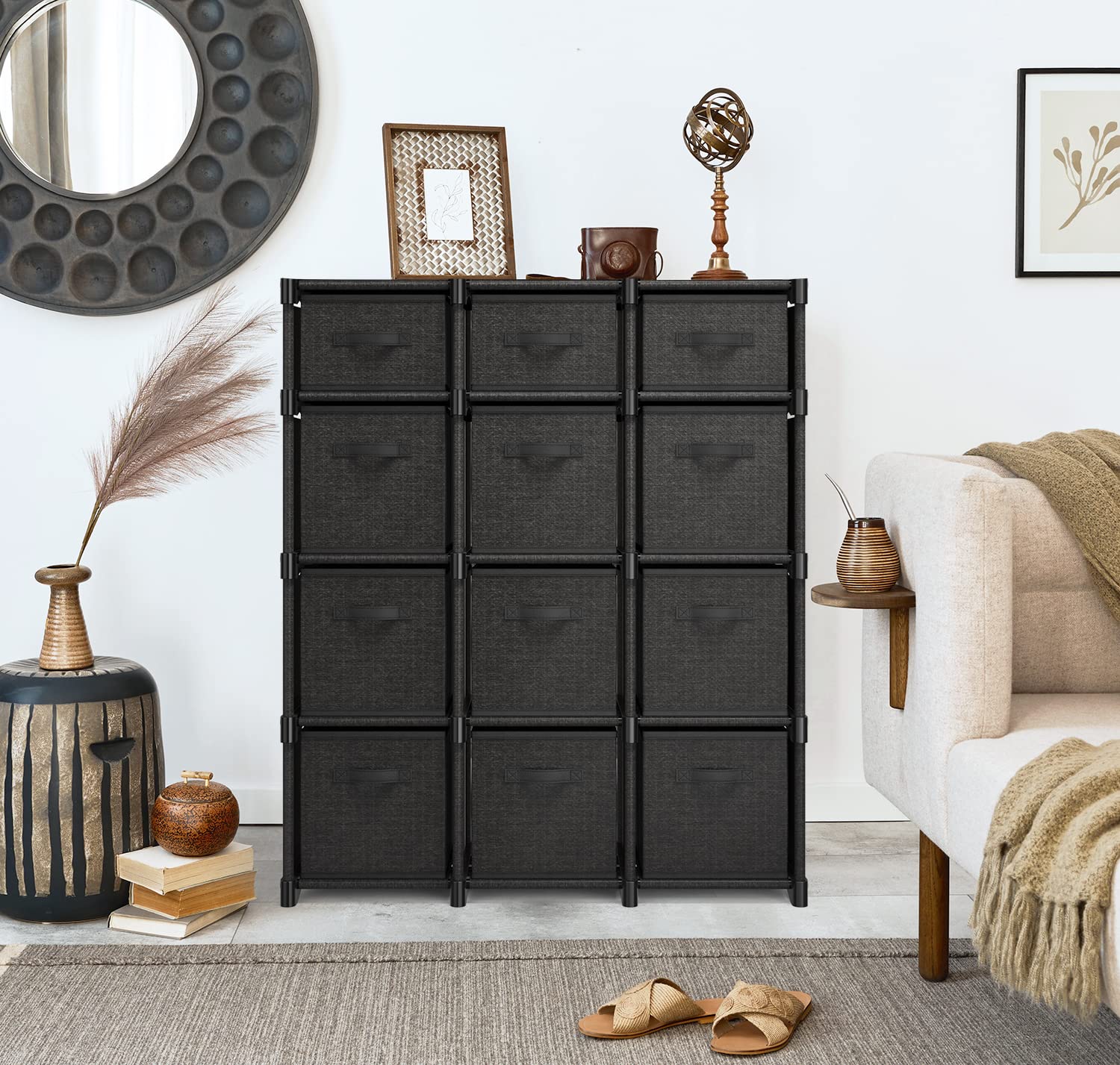 12-Cube Storage Organizer - Black Modular Shelving Unit with Fabric Bins | DIY Closet, Bedroom, Playroom & Office Organization | Space-Saving Storage Solution for Home, Dorm & Kids' Rooms