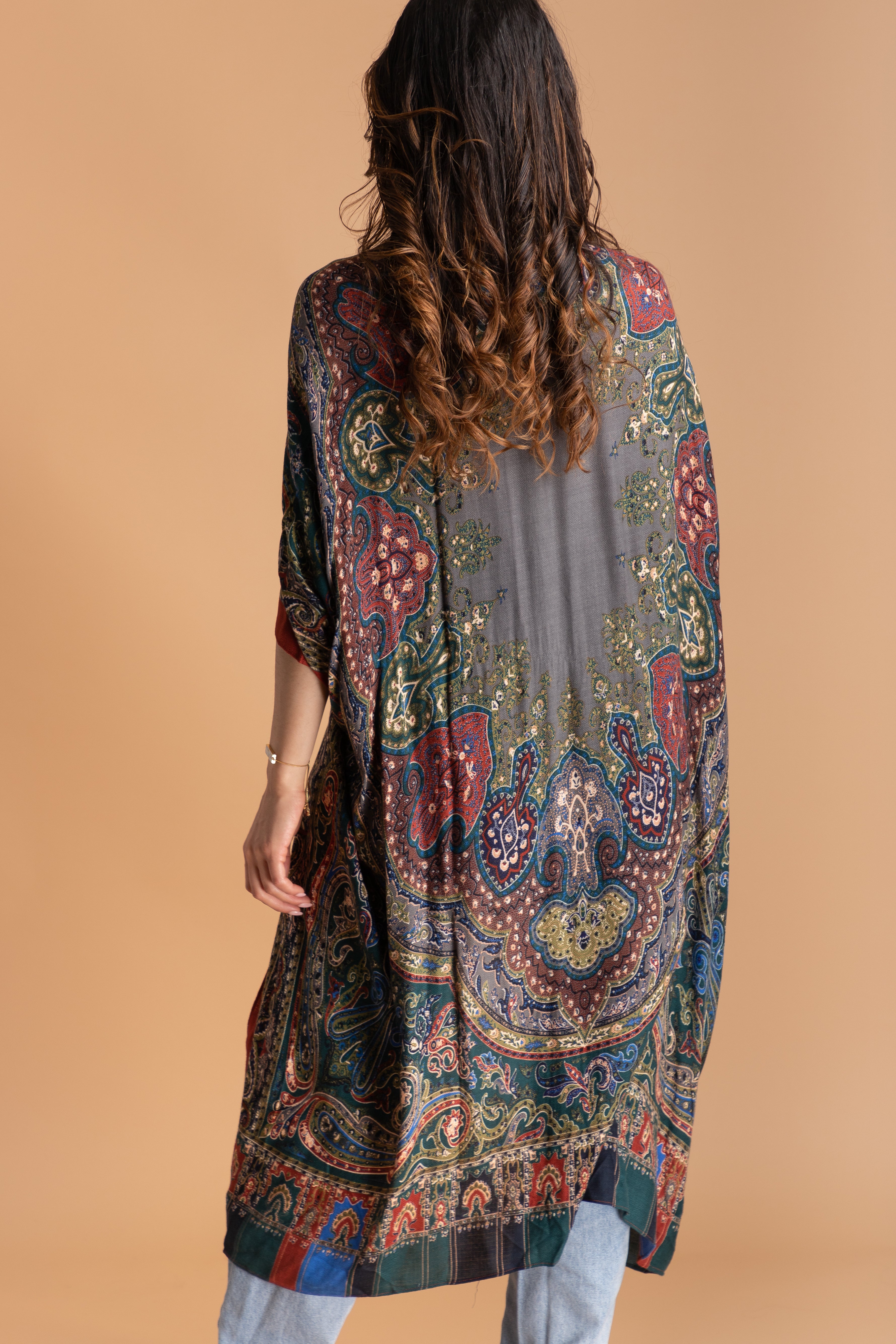 Bohemian Paisley Print High Low Kimono - Flowy Long Sleeve Open Front Cover Up for Women - Perfect for Beach, Festival & Lounge Wear