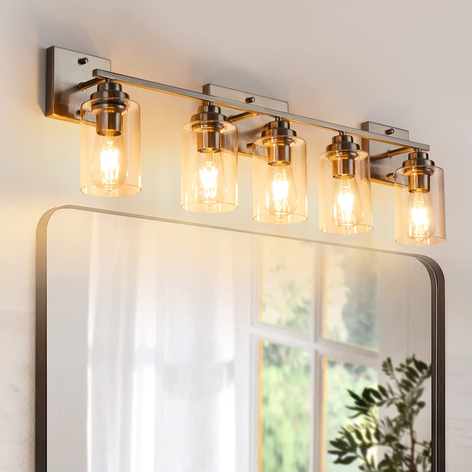 Behiya 5-Light Modern Bathroom Vanity Light Fixture - Brushed Nickel with Unique Glass Lampshade, Over Mirror Lighting for Dressing Table & Bathroom Decor | Perfect for Vanity, Makeup Area & Spa-Like Ambiance