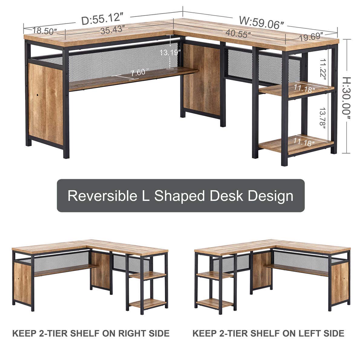 FATORRI 59 Inch L-Shaped Computer Desk with Wood Shelves - Industrial Rustic Home Office Corner Desk with Sturdy Metal Legs (Rustic Oak) - Perfect for Small Spaces, Gaming Setup & Remote Workstations